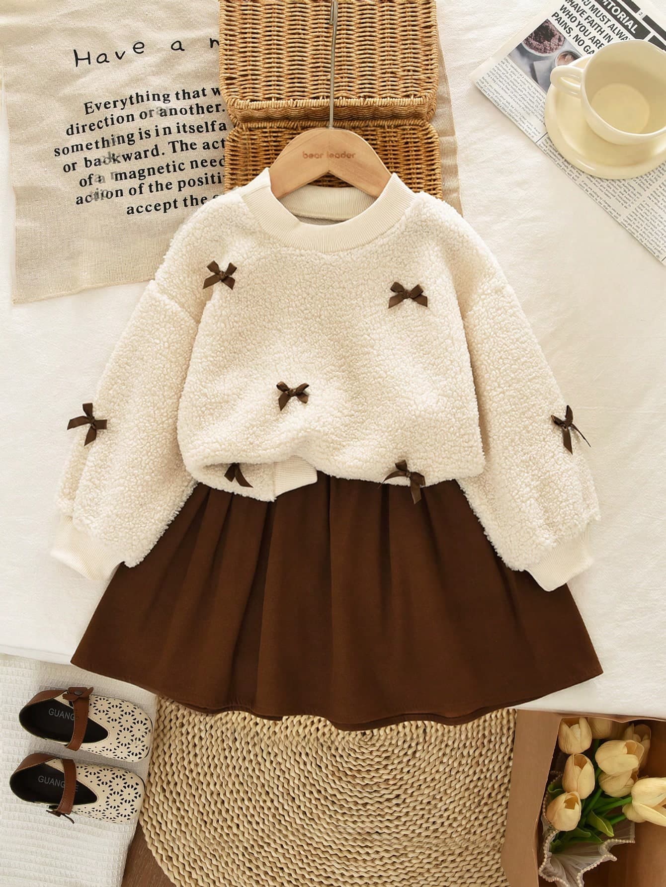 Young Girls Letter & Teddy Fleece Sweatshirt And Skirt Set, Spring/Autumn
