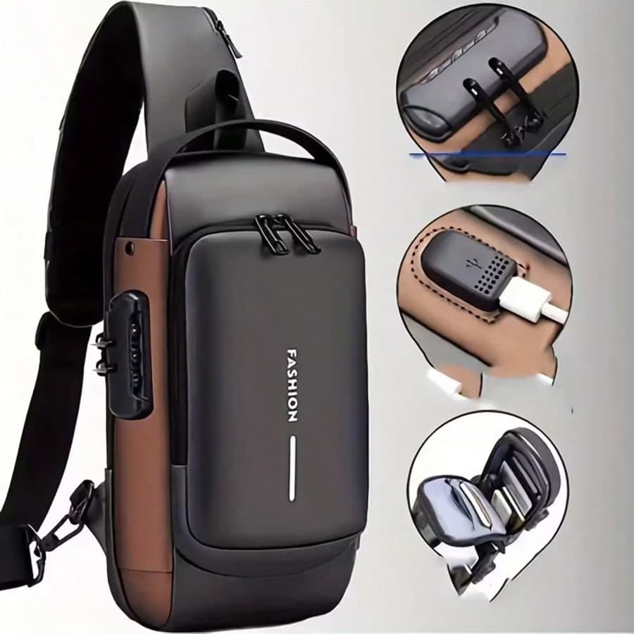 Anti-Theft Password Lock Crossbody Chest Bag For Men, With Anti-Theft Technology And Digital Keypad Lock - Adjustable Strap, Gold-Tone Hardware, Durable Fabric, Zipper Compartments And Port Compatibility, Suitable For Motorcycle, Travel, Gym, Daily Use - Casual And Formal Occasions (Black/Brown) - Fits Smartphone And Essentials