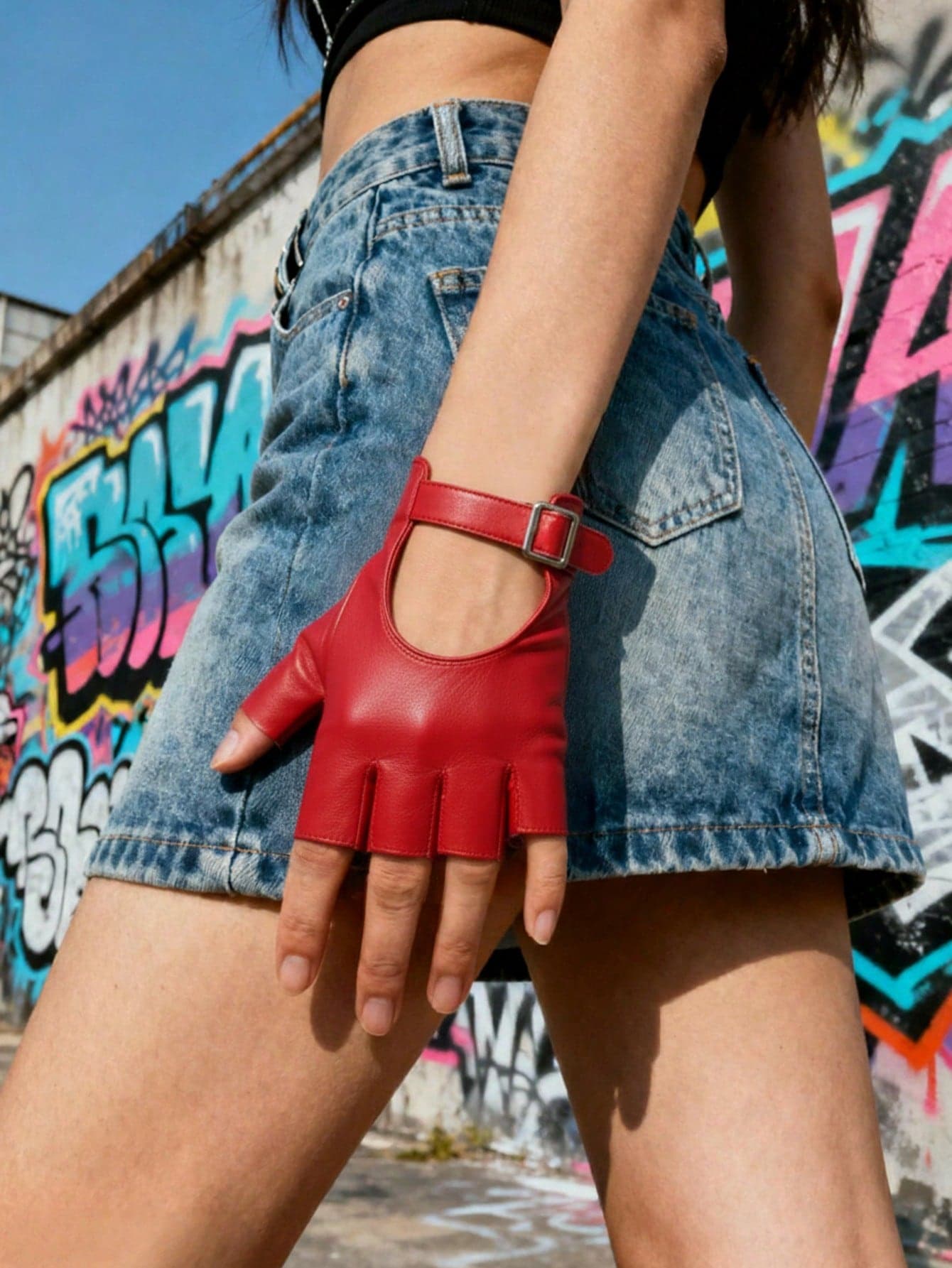 1 Pair Red Fingerless Breathable PU Leather Gloves - Adjustable Half Finger Gloves - For Performance, Fashion Show, Costume, Cosplay, Punk Style, Street Dance, Motorcycle Riding, Christmas, New Year