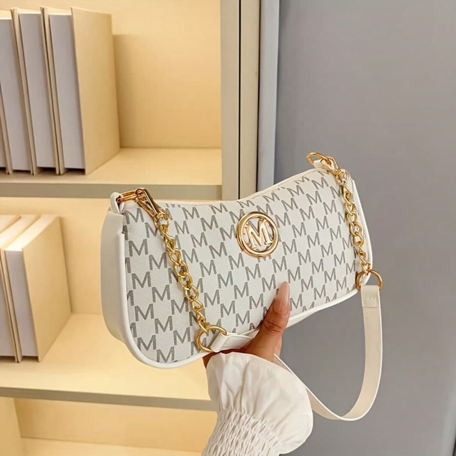 French Vintage Underarm Bag For Women, New Letter Print Small Square Crossbody Bag With Chain Strap, Shoulder Handbag, Perfect Lily Women's Adjustable Crossbody Strap With M Logo, Suitable For Daily Commute And Casual Outings, Light Brown/White/Black, Multifunctional Handbag, Fashion Accessory, Elegant Women's Shopping Gift