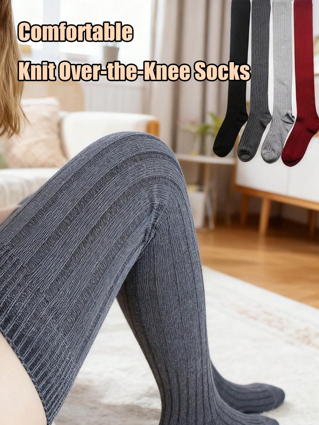 1 Pair Women's Fluffy Knee High Socks, Soft Warm Knit Over Knee Stockings, Solid Color Y2K Leg Warmers For Travel, Outdoor & Casual Wear