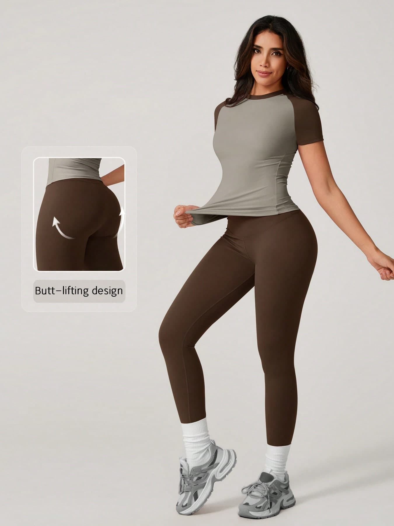 NcmRyu 1 Set Women's Color Block Elastic Crew Neck Short Sleeve Pants Sports Suit Summer