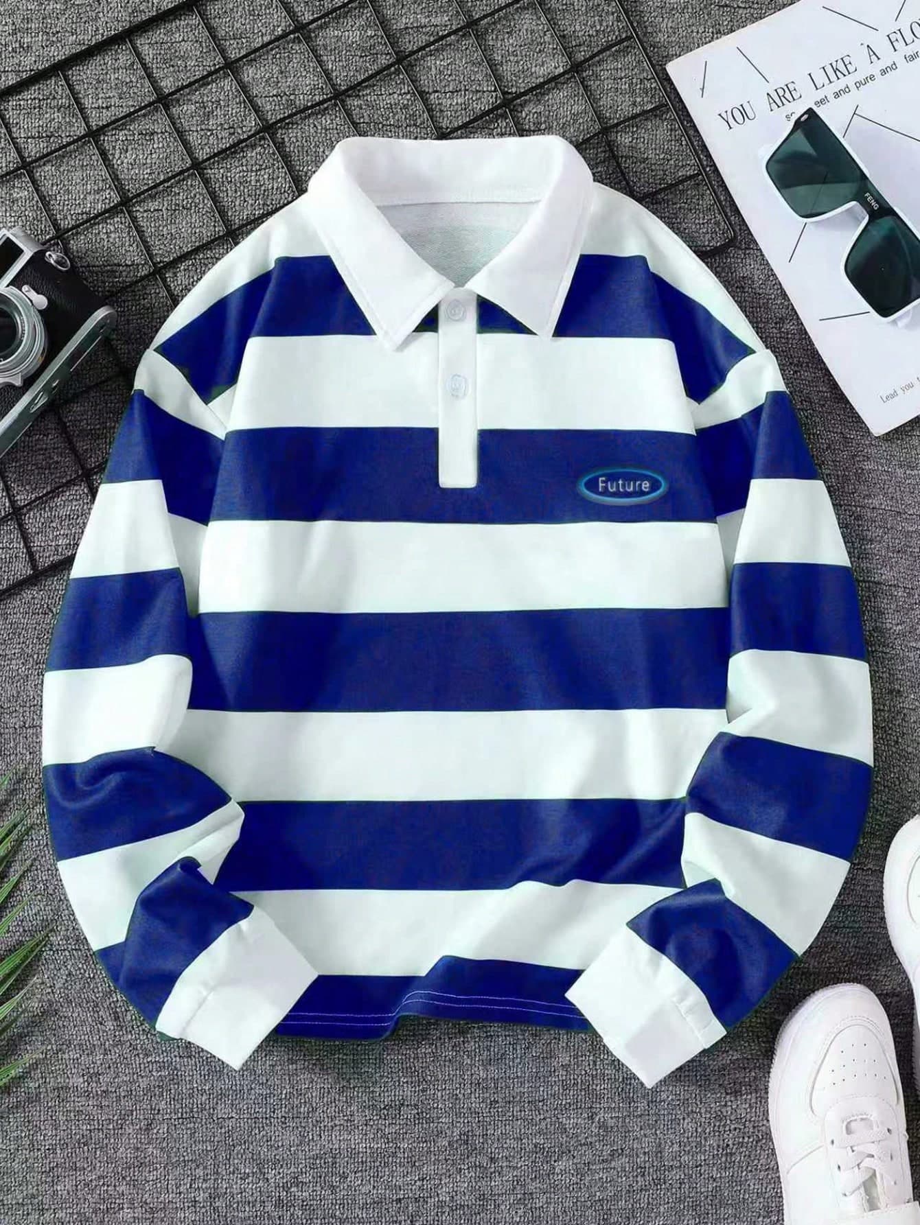 1pc Boys Classic Everyday Casual Colorblock Striped Polo Collar Sweatshirt, Autumn/Winter