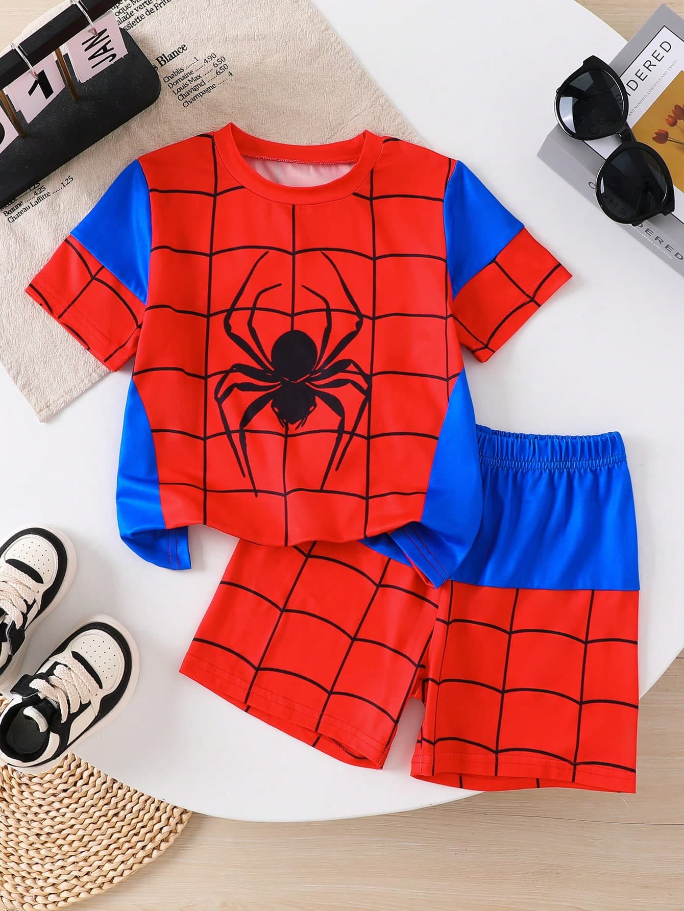 Toddler Boys' Stylish Party Casual Outdoor Comfortable Short Sleeve T-Shirt And Shorts Set, Blue And Red Colorblock Animal Digital Print, Suitable For Summer