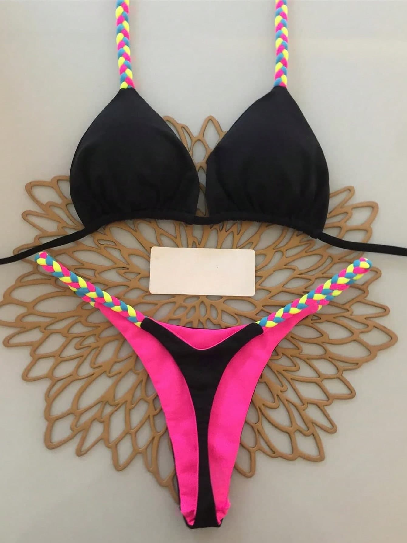 Geometric & Tropical Floral Print Casual Cute Elegant Sexy Bohemian Style Tie-Front Bikini Swimwear Set For Women, Summer Beach Vacation Black