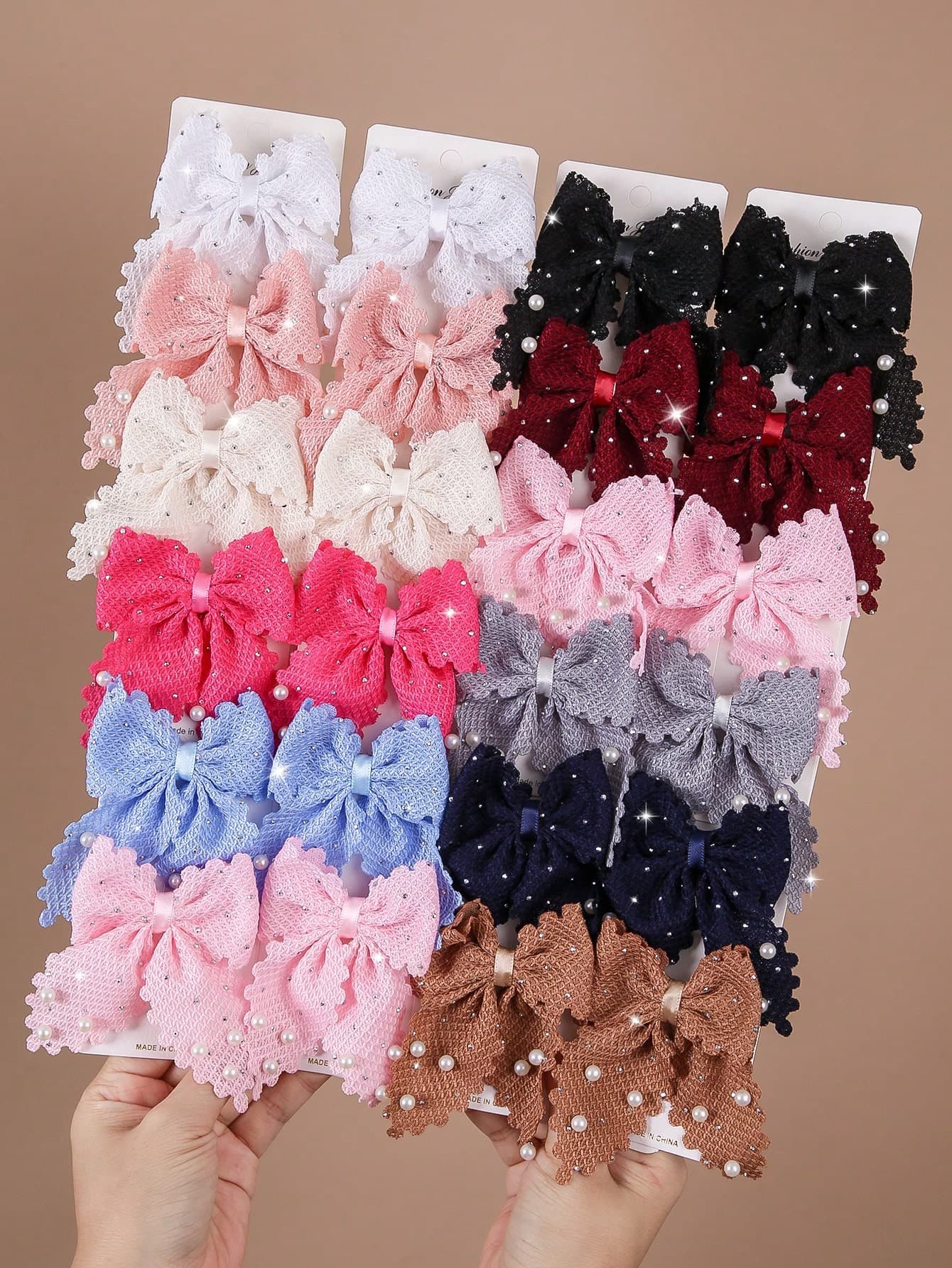 10pcs Multicolor Shiny Rhinestone Textured Fabric Bow Pearl Cute Versatile Hair Clips, Simple Non-Damaging Hair Accessories Suitable For Daily Use