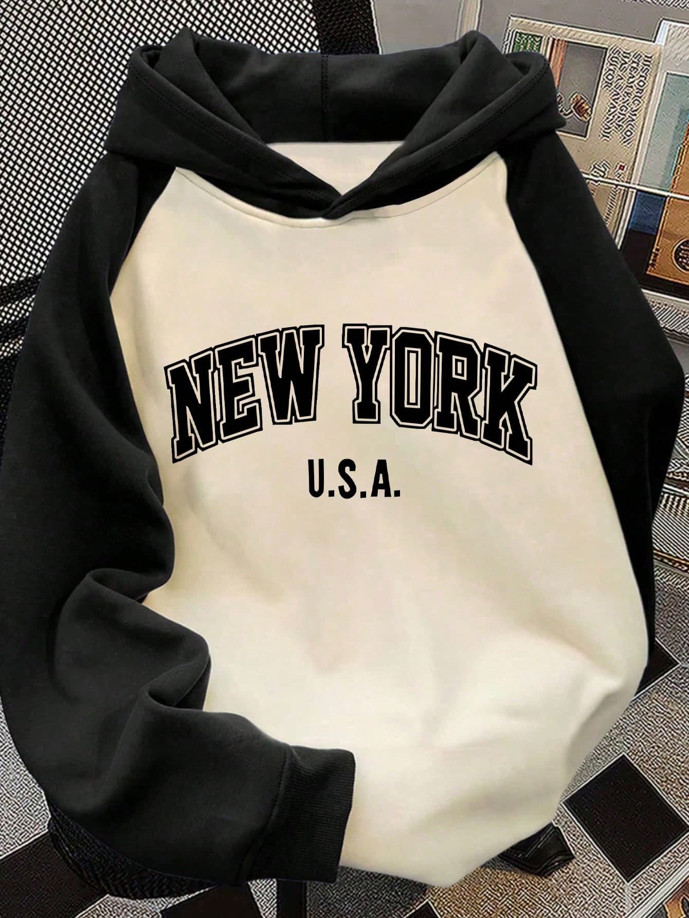 Teen Boys American Style Letter Print Drop Shoulder Sweatshirt Sweatshirt, Suitable For Spring, Autumn And Winter