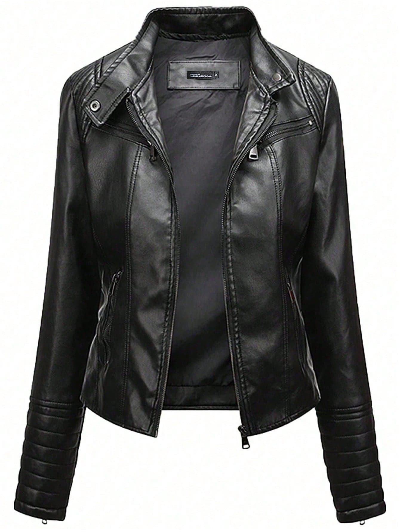 Women's Leather Jacket, Long Sleeve Fitted Stand Collar Leather Coat, Autumn,Fleece,Winter Black Sports