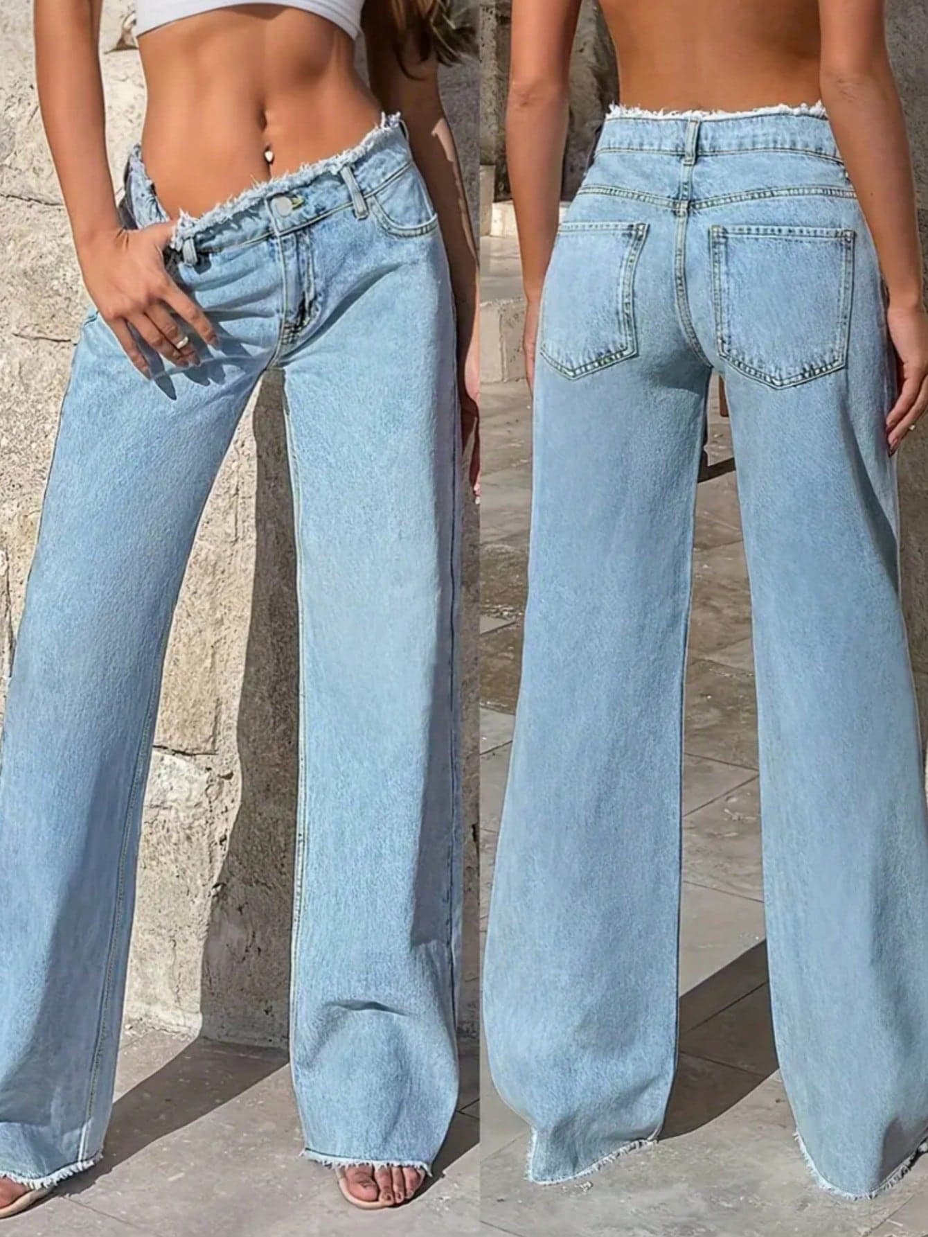 Women's Casual Loose Fit Frayed Waist Wide Leg Jeans, Fashionable & Slimming, Suitable For Spring & Autumn