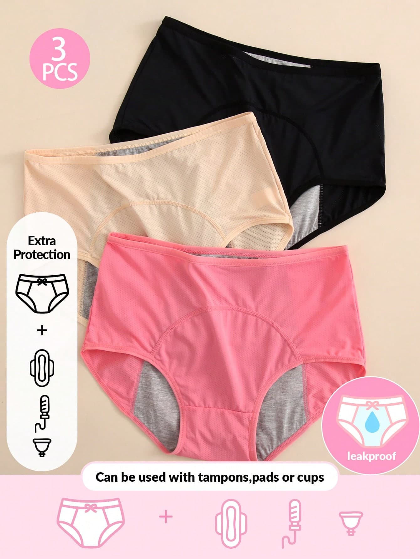 3pcs/Set Women's Mesh Elastic Menstrual Period Underwear - Comfortable Breathable Leak-Proof Sanitary Panties (Non-Absorbent)