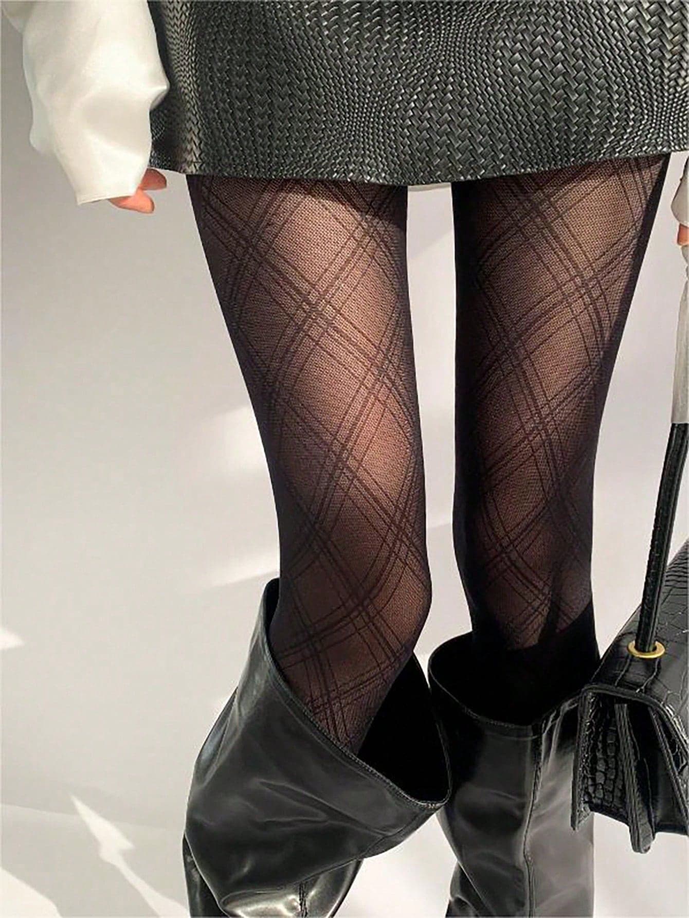 Women's Diamond Plaid Sheer Pantyhose, Thin Black Stockings For Spring/Summer, Sexy Semi-Transparent Black Tights, Suitable For Holiday Parties