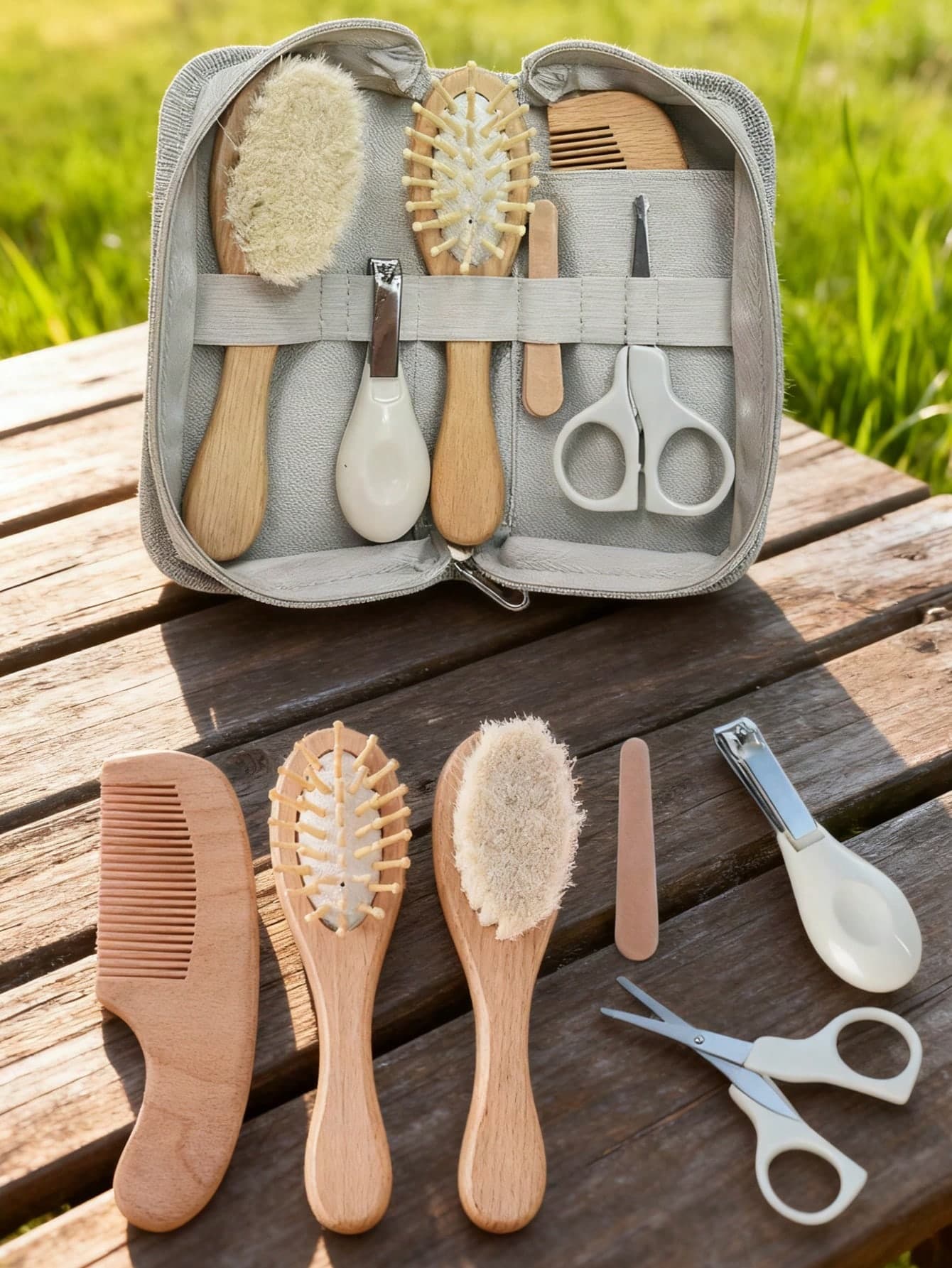Personalized Baby Care Set, Wooden Hair Brush Set, Baby Commemorative Gift, Baby Care Set Includes Nail Clipper, Hair Scissors, Nail File