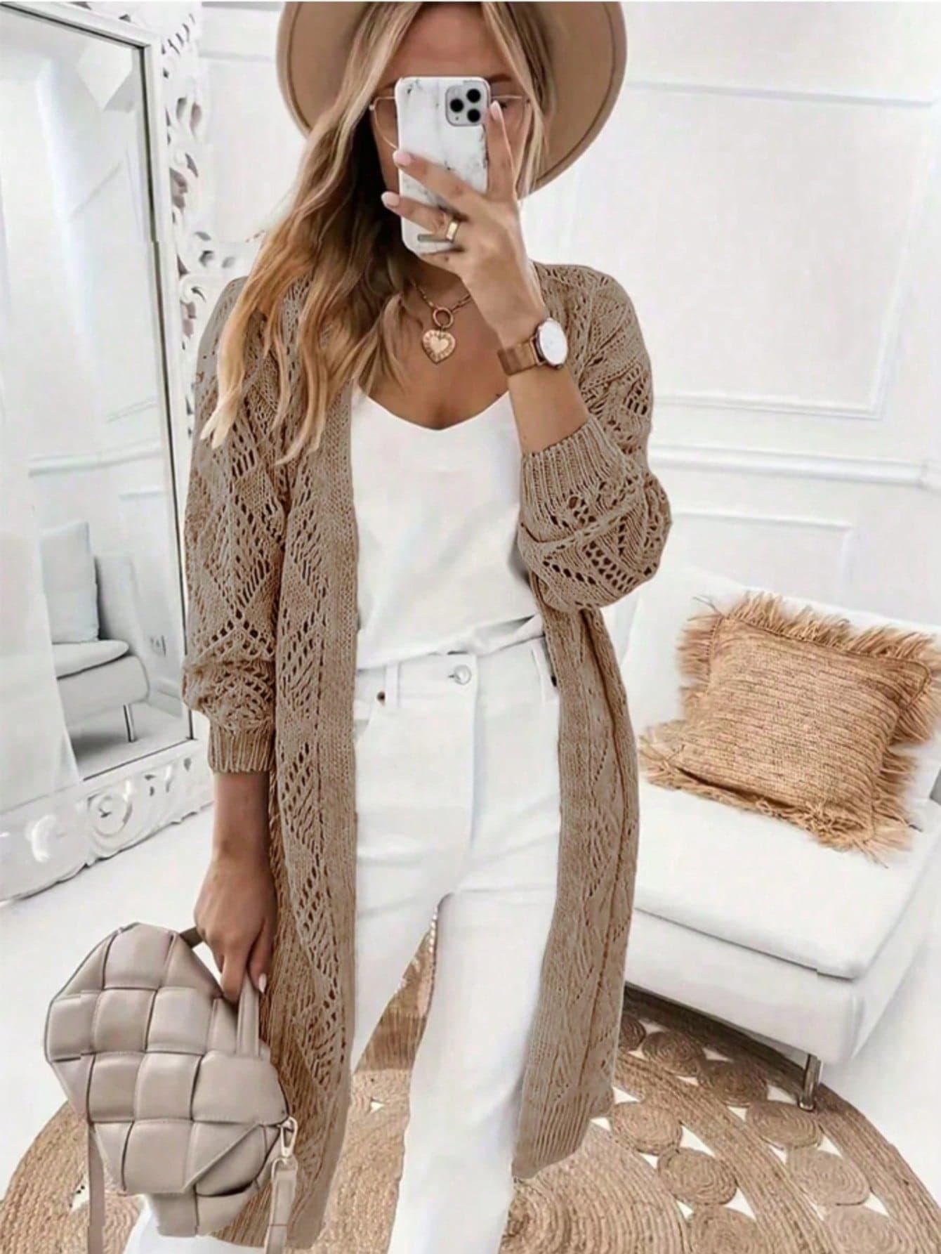 Casual Long Sleeve Solid Color Hollow Knit Cardigan - Button Front - Women's 0XL-4XL .5XL. Hollow Knit Sweater, Plus Size Slimming Outfit Spring Outerwear European And American Style, Elegant Lazy Homewear