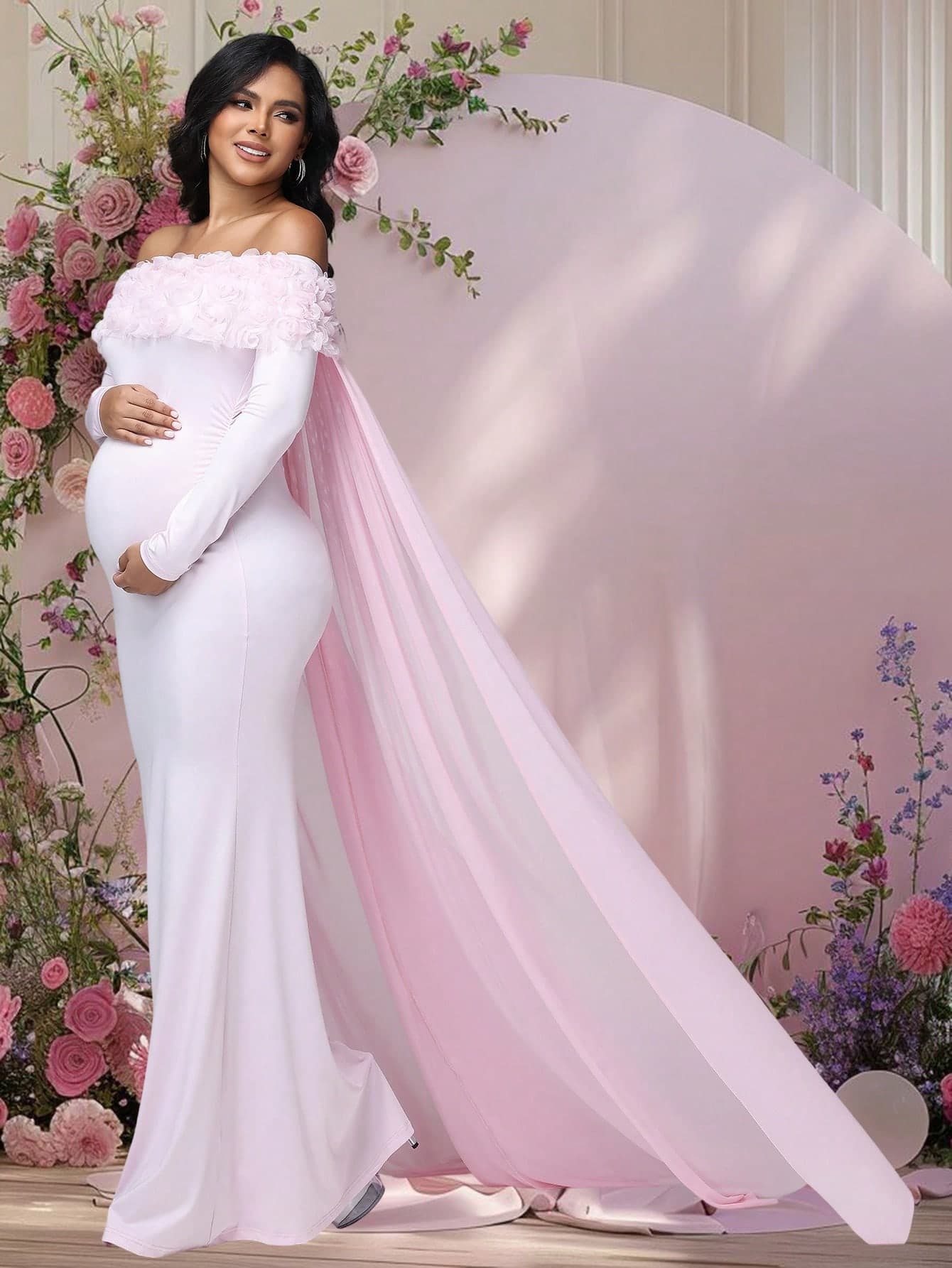 JustVH Maternity Floral Off-Shoulder Dress, Suitable For Baby Shower, Long Sleeve Mesh Cloak Style Long Dress, Can Be Used As Photo Prop Spring Pink