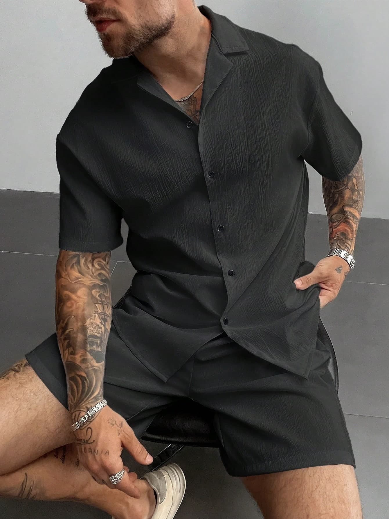 GloMan Men's Black 2-Piece Set Summer Cuban Style Linen Shirt And Drawstring Shorts Outfit, Old Money Casual Beach Wedding Party Vacation Travel, Suitable For Husband/Father/Boyfriend