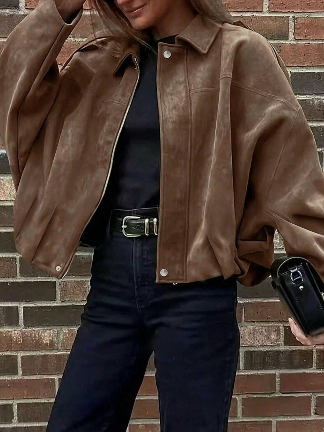 Women's Plus Size Brown Faux Suede Jacket, Dropped Shoulder Long Sleeve, Silver Zipper Detail, Drop Shoulder Four-Button Hem Pleated Cuffs, Fashion Soft Fabric Street Style Comfortable Loose Fit Lightweight Jacket For Spring Autumn Winter