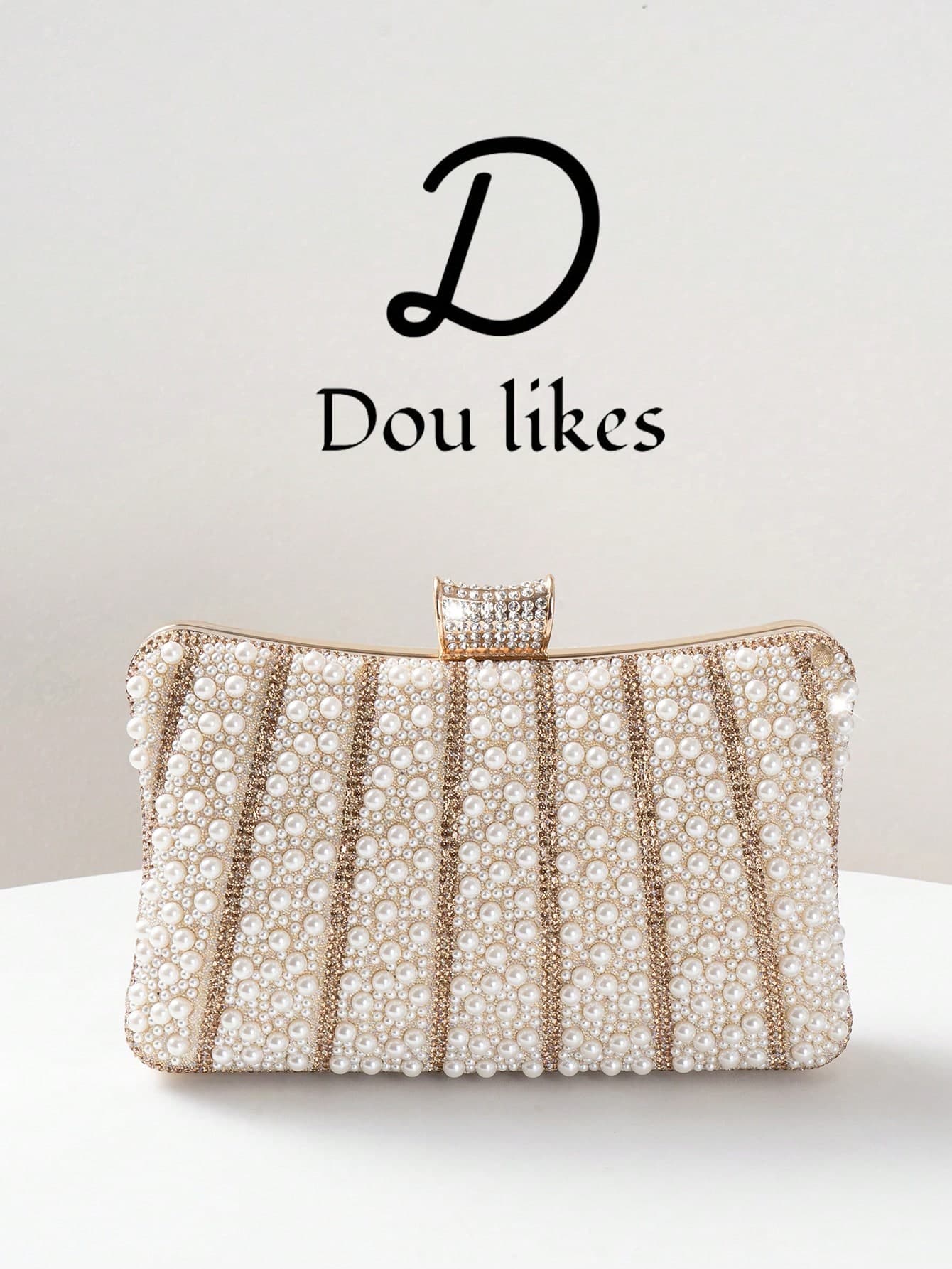 Elegant Champagne Pearl Evening Clutch Bag, Unique Clasp Design, High-End Engagement/Formal Dress Handbag With Metal Chain, Graceful Socialite Party/Wedding/Prom/Banquet Accessory, Perfect Match For Women's Graduation Gown, Prom Dress, Sequin Dress, Shiny Dress, Elegant Dress.