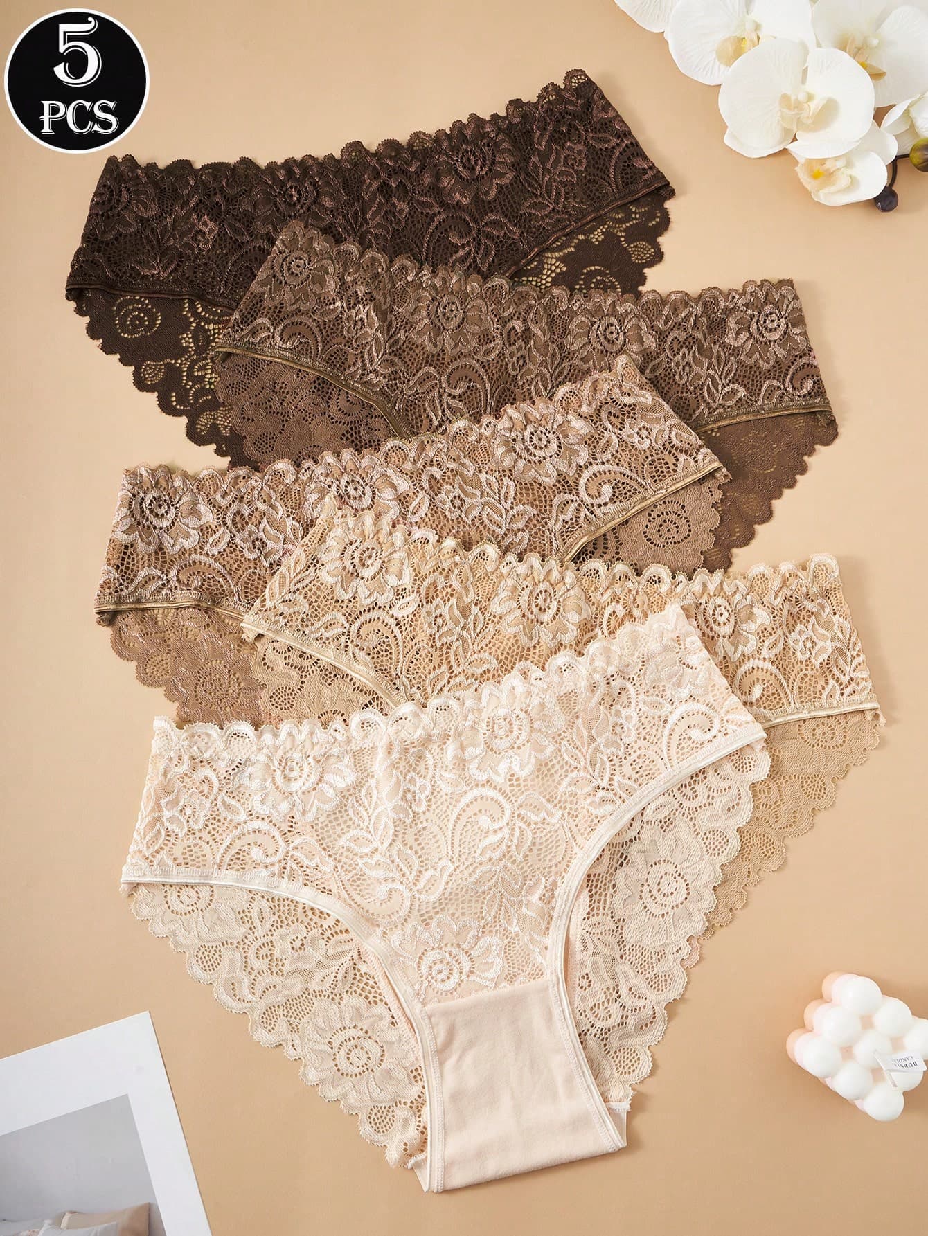 5pcs Lace Trim Cotton Panties Set
