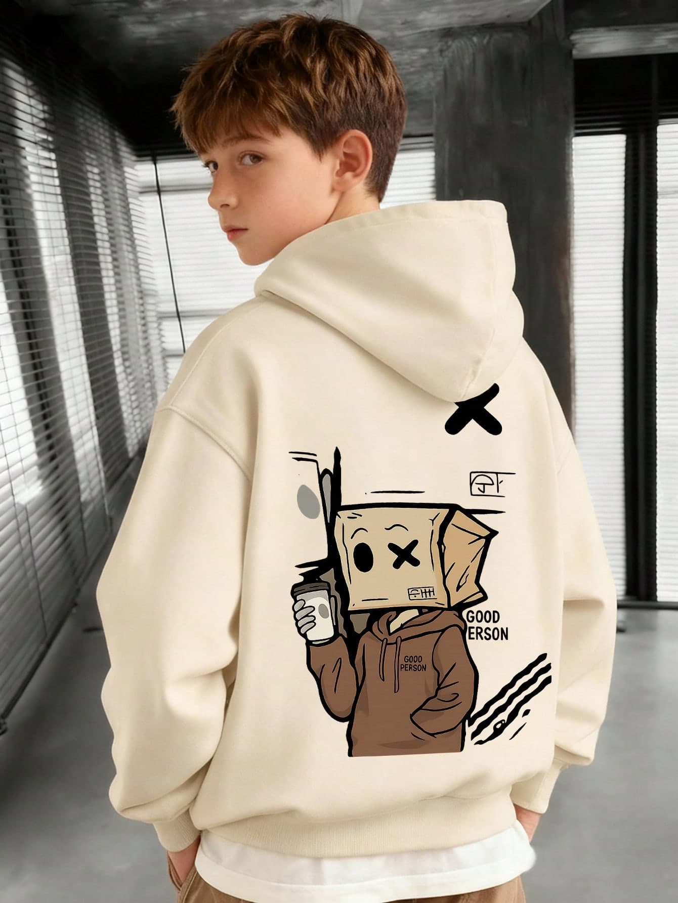 Boys' Square Neck Cartoon Pattern Back Print Pullover Sweatshirt, "Good Person" Letter Print Loose Long Sleeve Kids Hip-Hop Street Style Pullover Sweatshirt