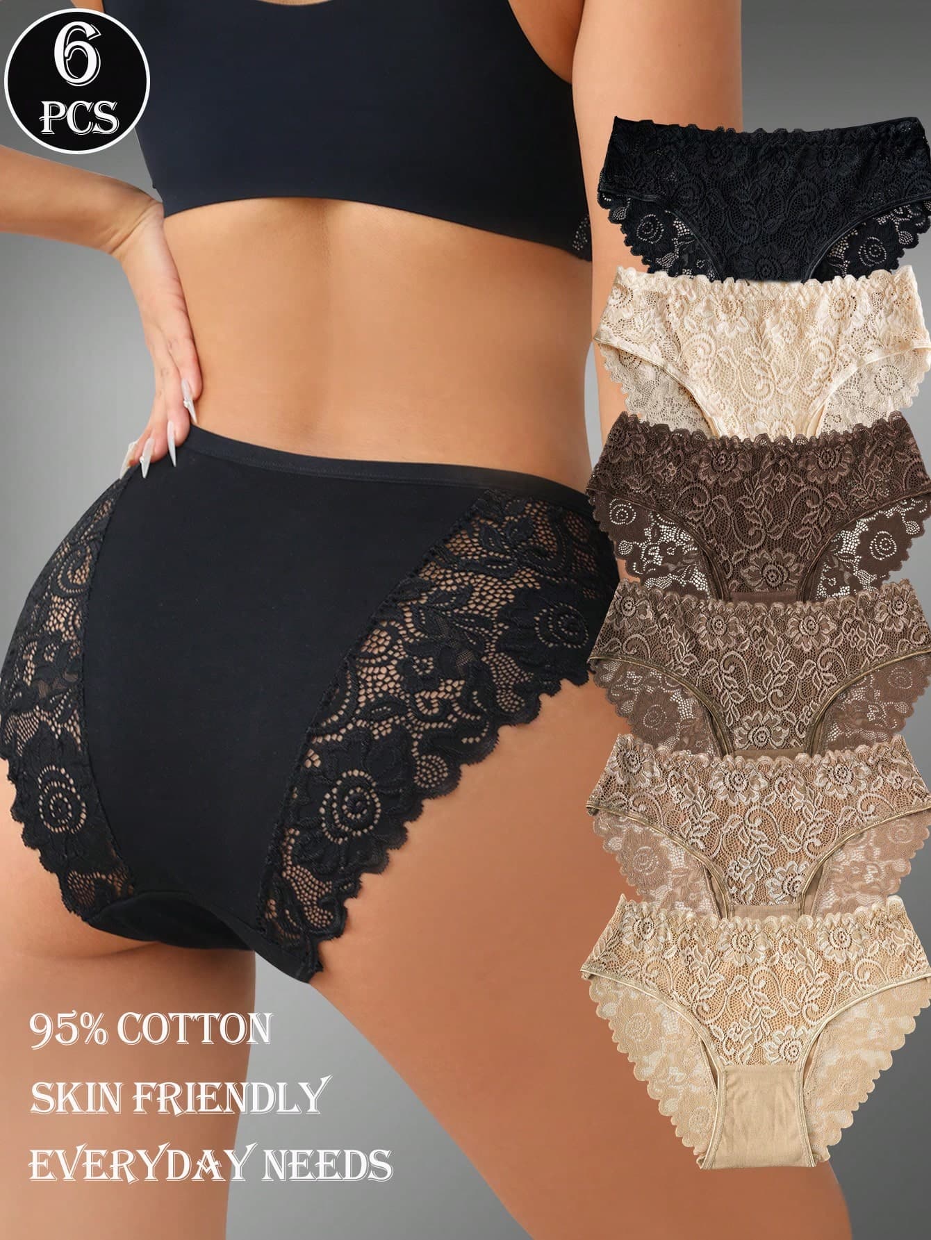 6pcs Set Elegant Solid Color Cotton Lace Trim Ladies Briefs