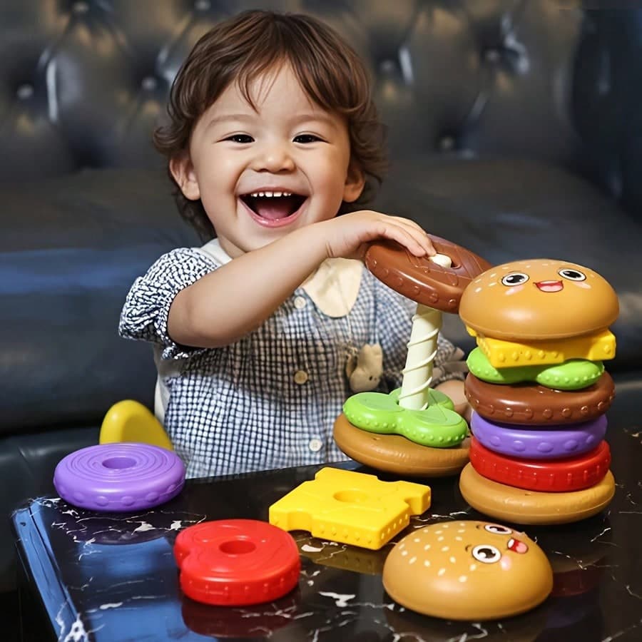 Infant Stacking Burger-Shaped Educational Early Learning Toy, 7-Layer Burger, Enhances Baby's Cognition And Color Recognition, Hand-Eye Coordination And Rotating Puzzle, Perfect Gift For Birthday, Christmas Or Halloween, Suitable For Boys And Girls, Ideal Birthday Gift