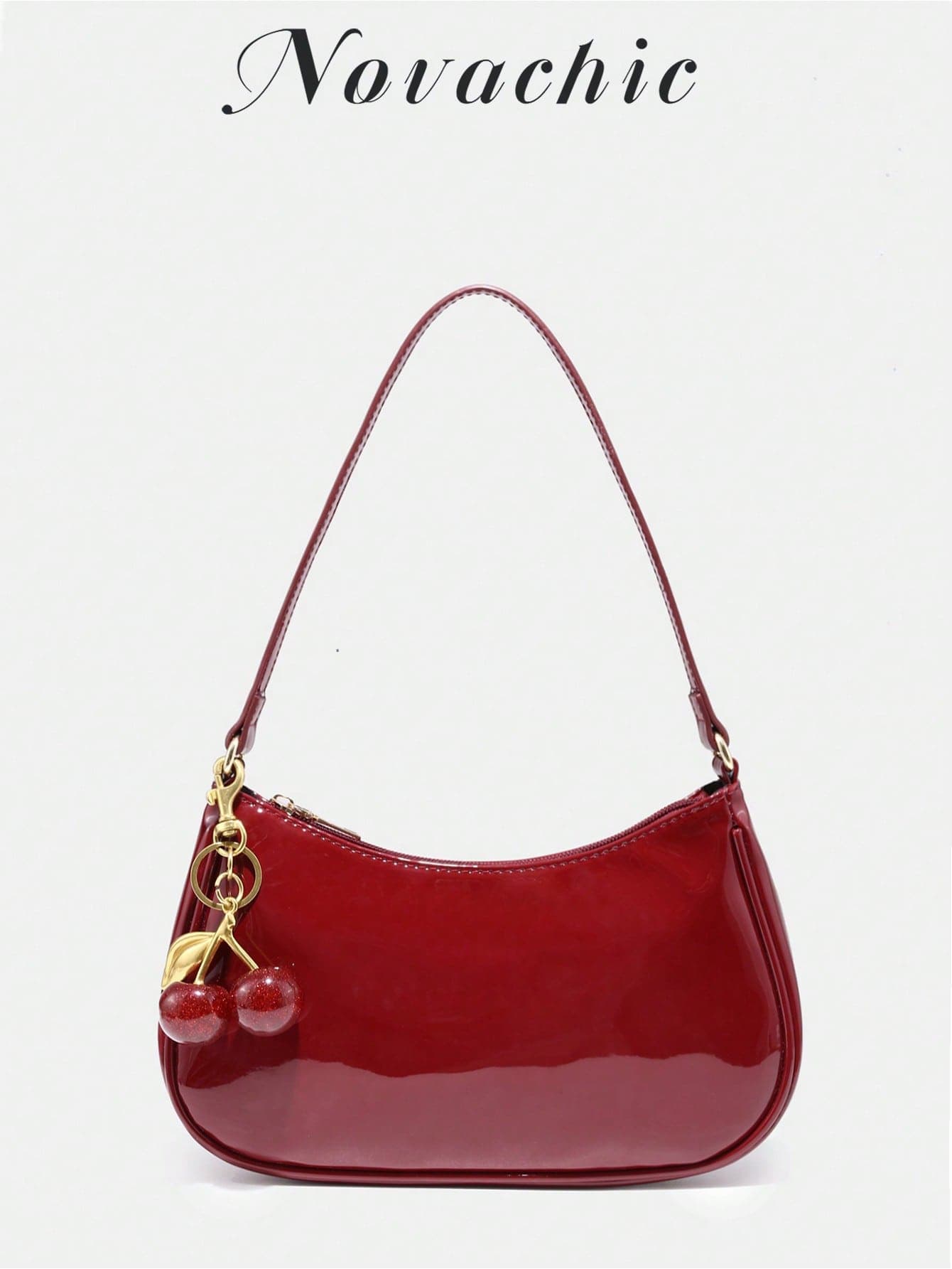 1pc Glossy Lacquered Cherry Ornament, Novelty Hanging Decor, Burgundy Minimalist Women's Shoulder Bag, Zipper Closure, Vintage Style, Underarm Bag, Suitable For Multiple Occasions , Red Bag , Burgundy Bag