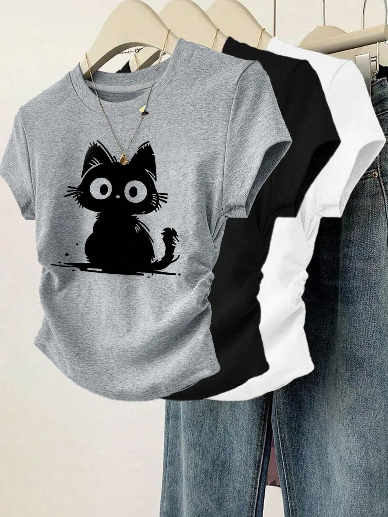 3pcs Women Casual Fashion Slim Fit Bow Decor Printed Simple Plain Pleated Round Neck Short Sleeve T-Shirt Set Summer