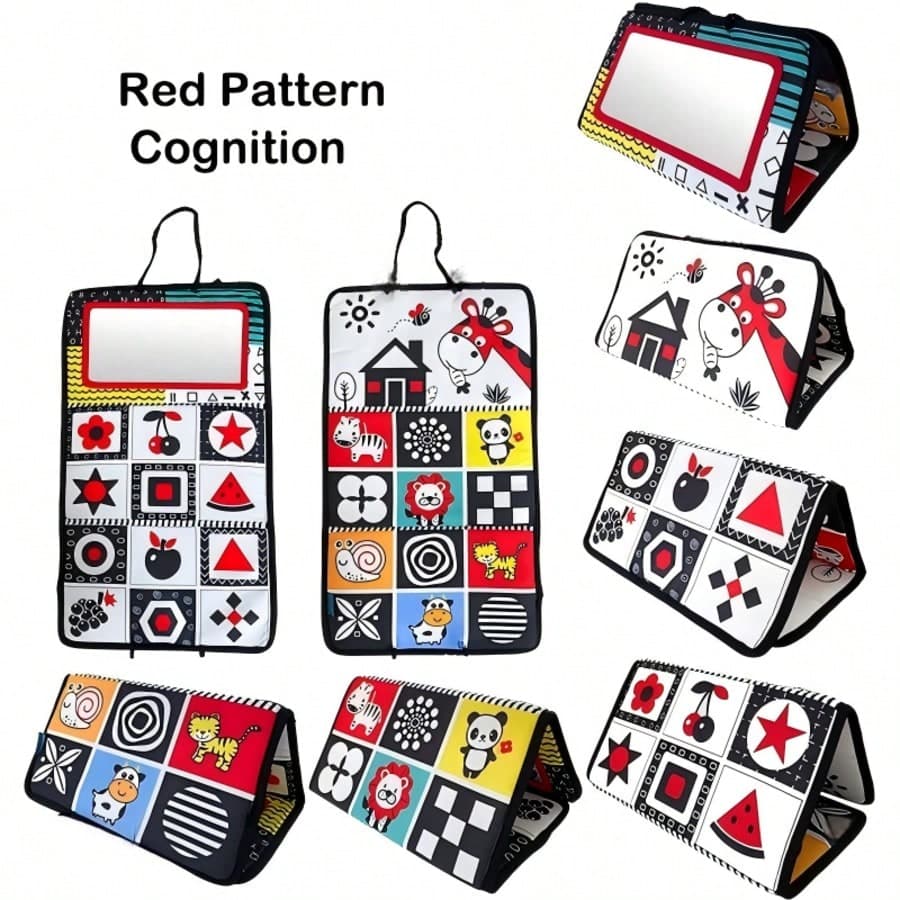1pc Foldable Baby Floor Mirror Toy, Tummy Time Sensory Development Montessori Crawling Toy, New Red Fun Mirror Toy, Foldable Car Backseat Hanging Visual Training Mirror With 6 Patterns, Christmas Easter Halloween Gift