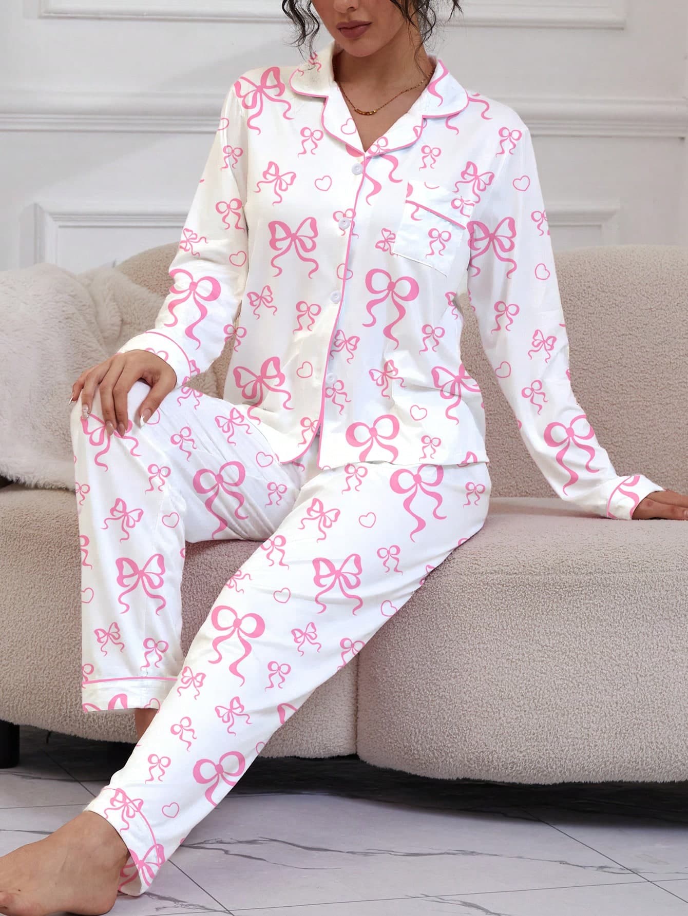 2pcs Women's Pajama Set, Bow Print, Women's Loungewear, All Season Holiday Outfit, Long Sleeve Lapel Top And Pants, Can Be Worn Out