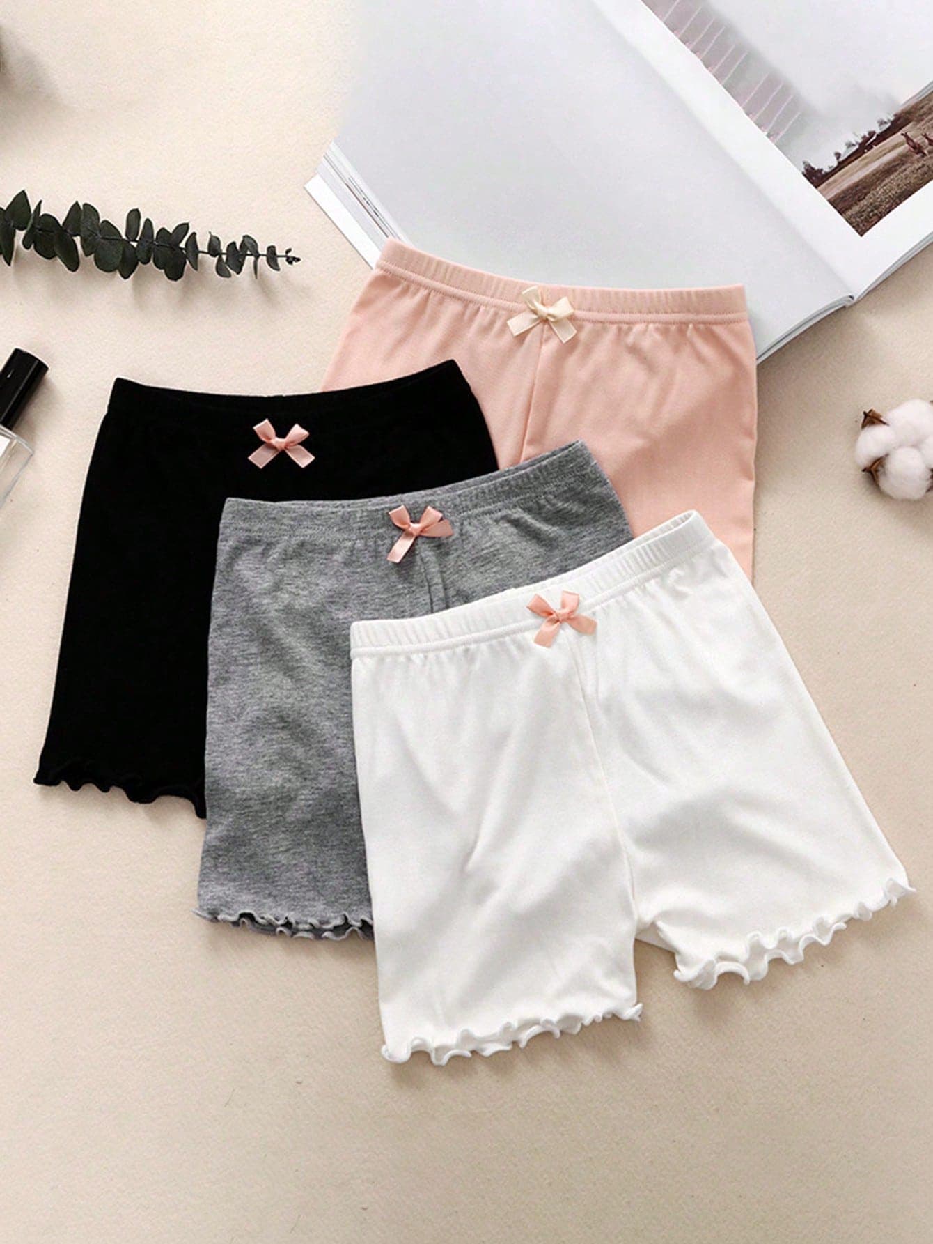 4pcs Girls' Modal Safety Shorts, Anti-Flashing, Children Shorts With Bow, Girls' Leggings