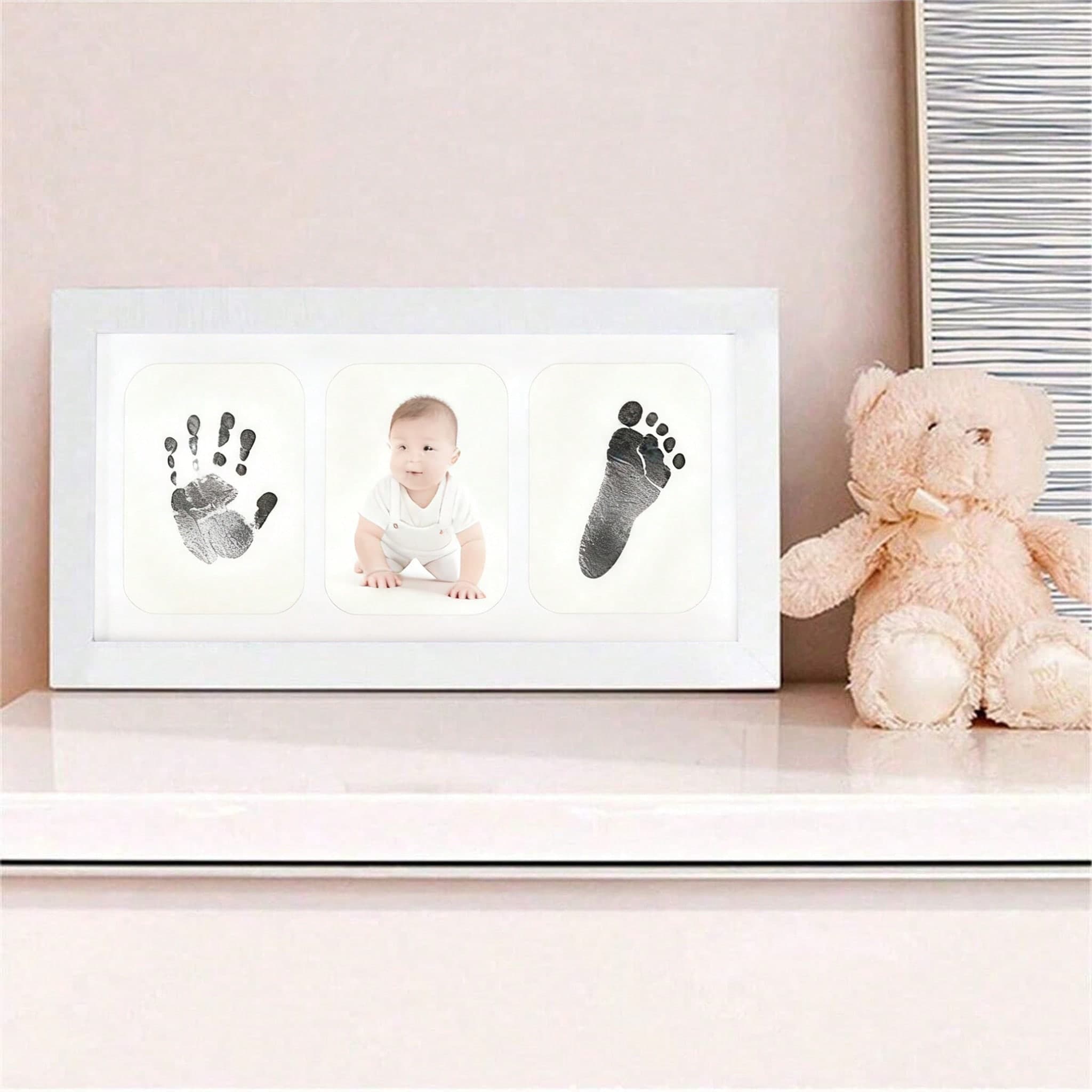 1 Set Baby Handprint & Footprint Kit, Includes Black Ink Pad, Printing Paper And White Frame, Perfect Gift To Record Baby's Growth, Also Suitable For Baby Shower, Home Decor, Easter Gift, For Both Boys And Girls