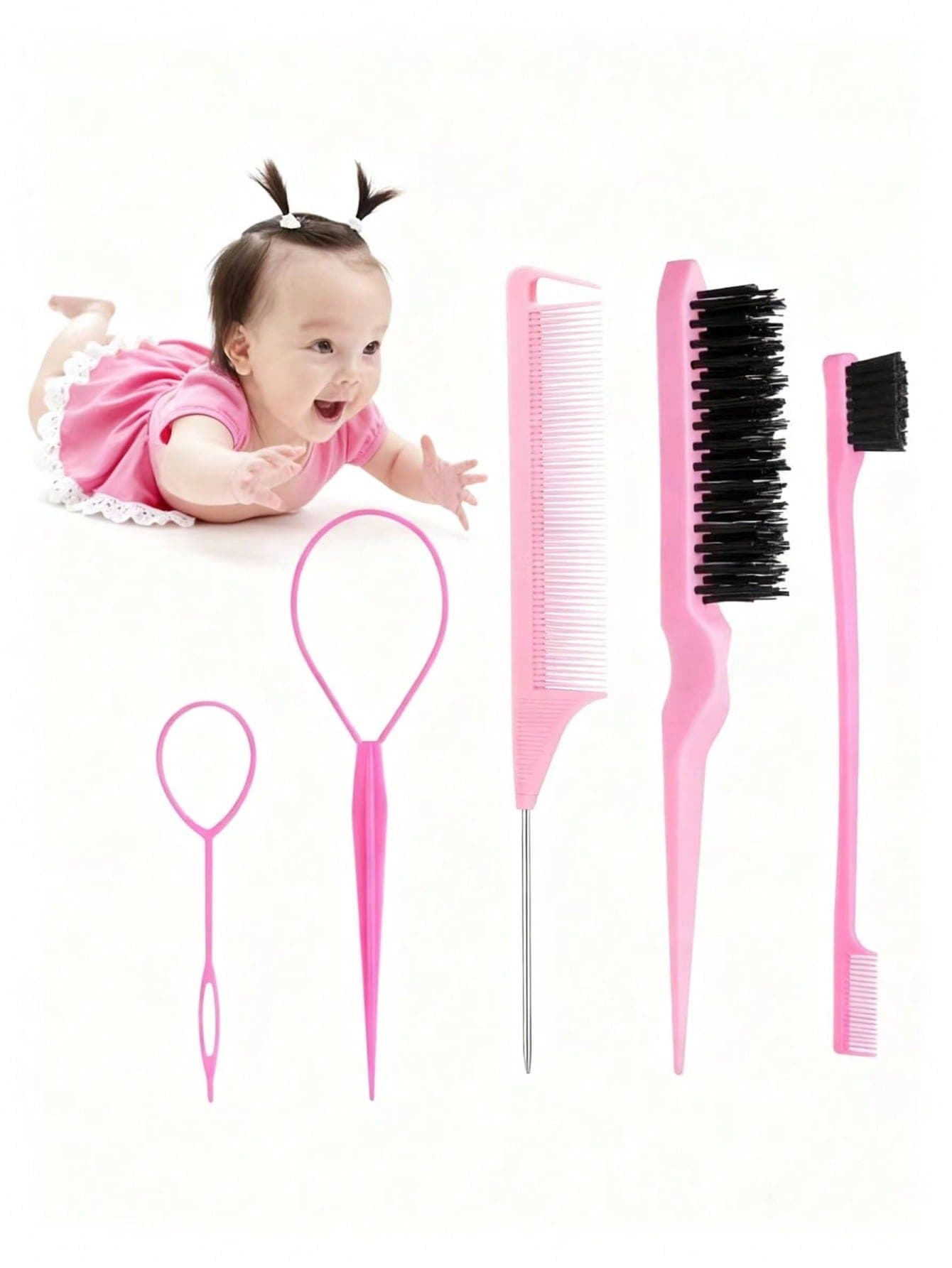 5-Piece Child Hair Styling Tool Set Includes: Teasing Brush, Hair Clips, Eyebrow Brush, Etc.