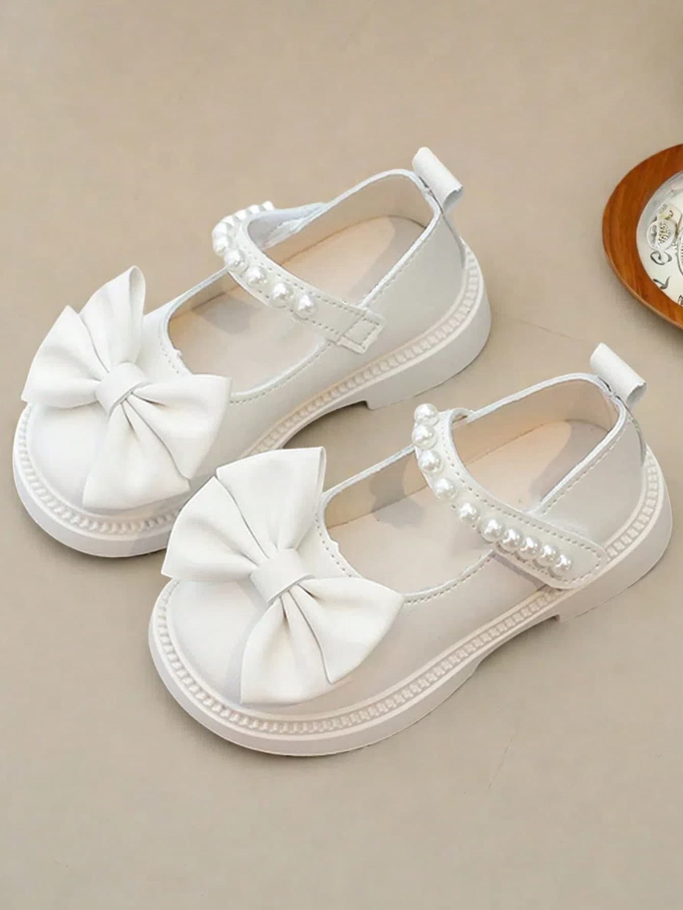 1 Pair Girls Cute Bow PU Pearl Hook And Loop Non-Slip Durable Shoes Suitable For Spring Autumn Outdoor Daily Wear Party School