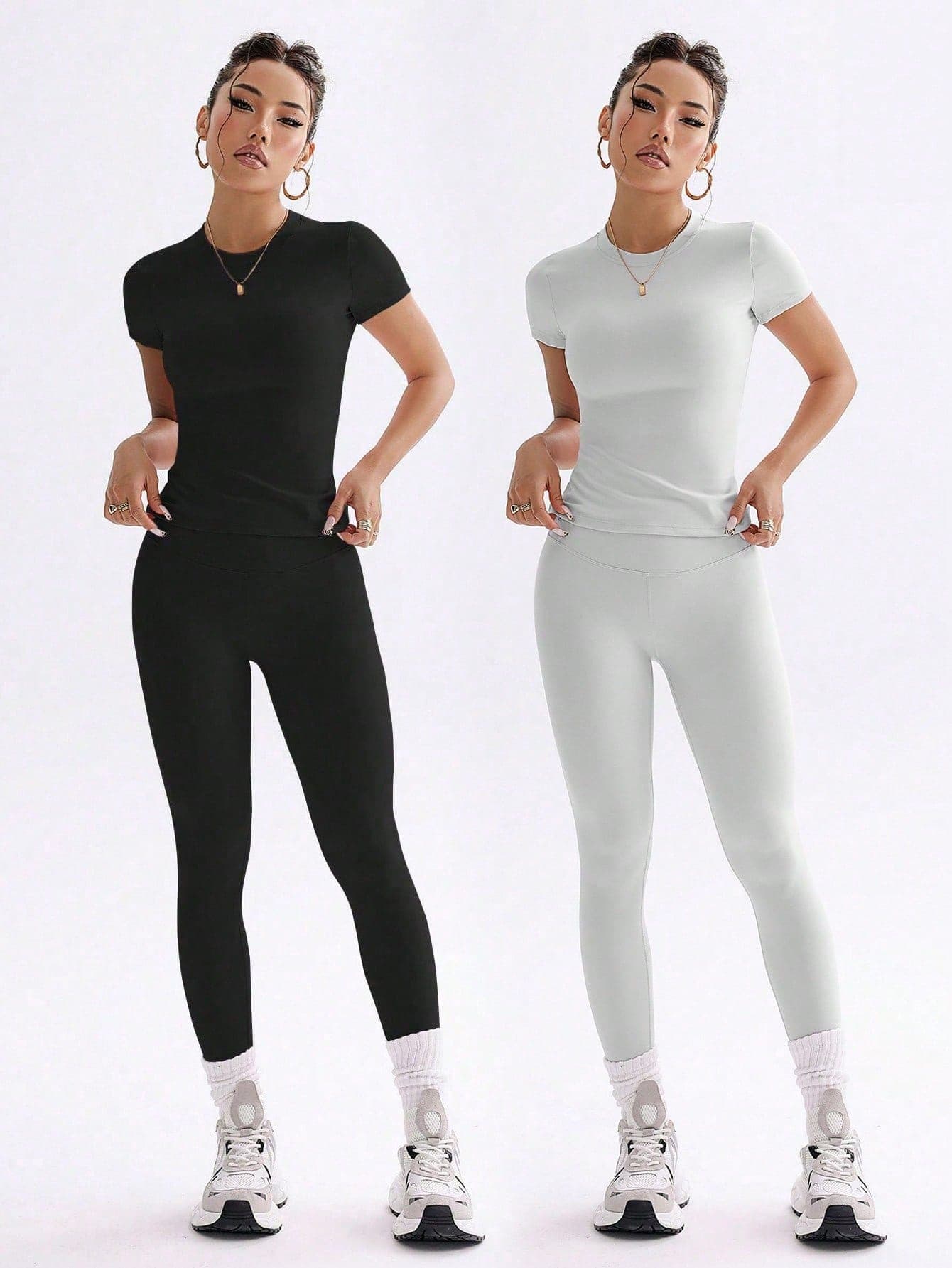 FWH Campus Style OOTD Sweet Girl Fitness Set, Sweet & Cool Campus Fitness 2-Piece Set, Spring/Summer Elastic Slim Fit Round Neck Sweet Fashion Sports