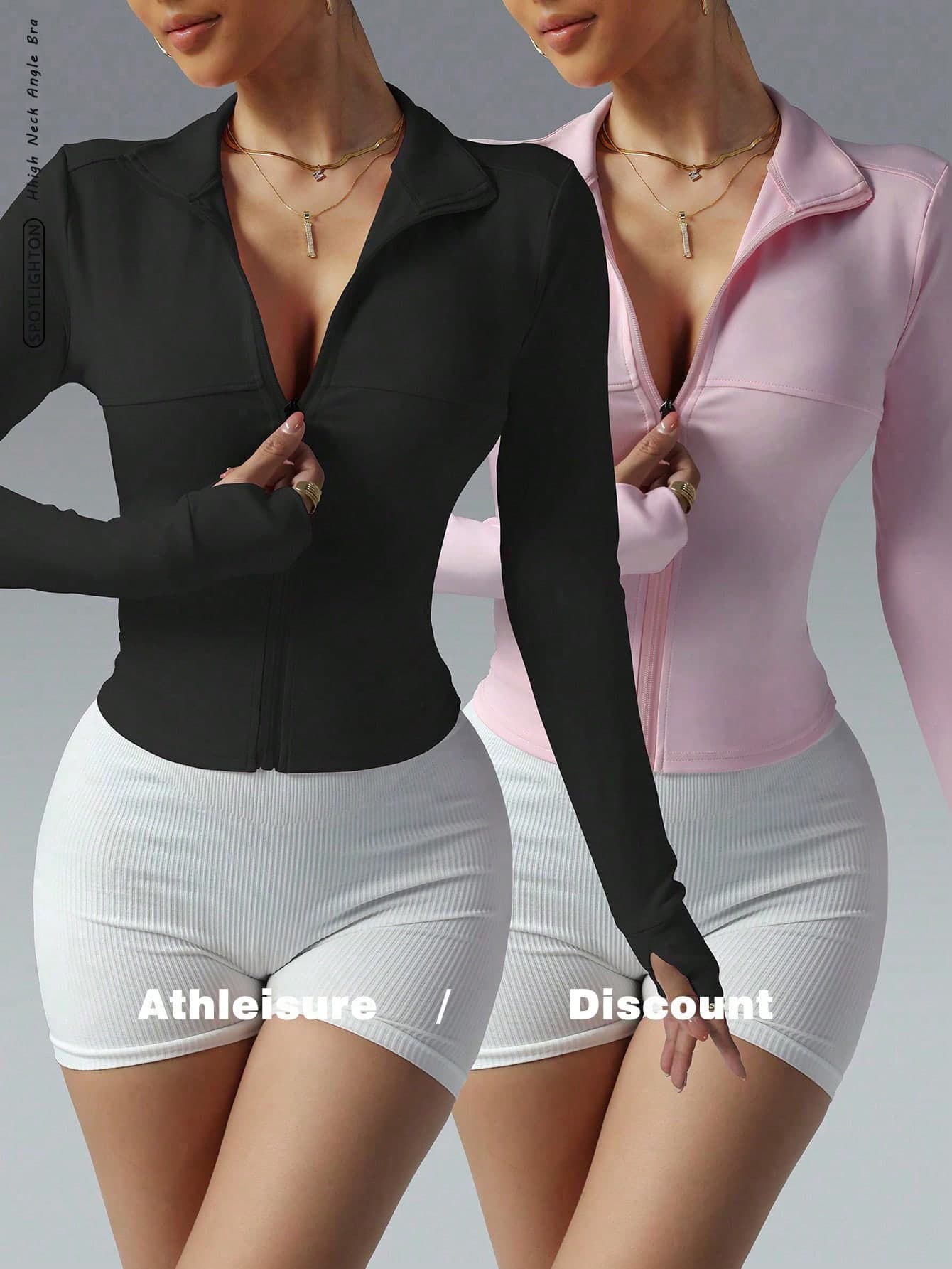 FWH Women's Fitted Sports Running Zipper Elastic Casual Slimming Soft Minimalist Elegant Set - Attractive Combination, Color Blocking, Suitable For Running And Street, Fashionable Sexy Tight-Fitting Long Sleeve Yoga Jacket 2-Piece Set