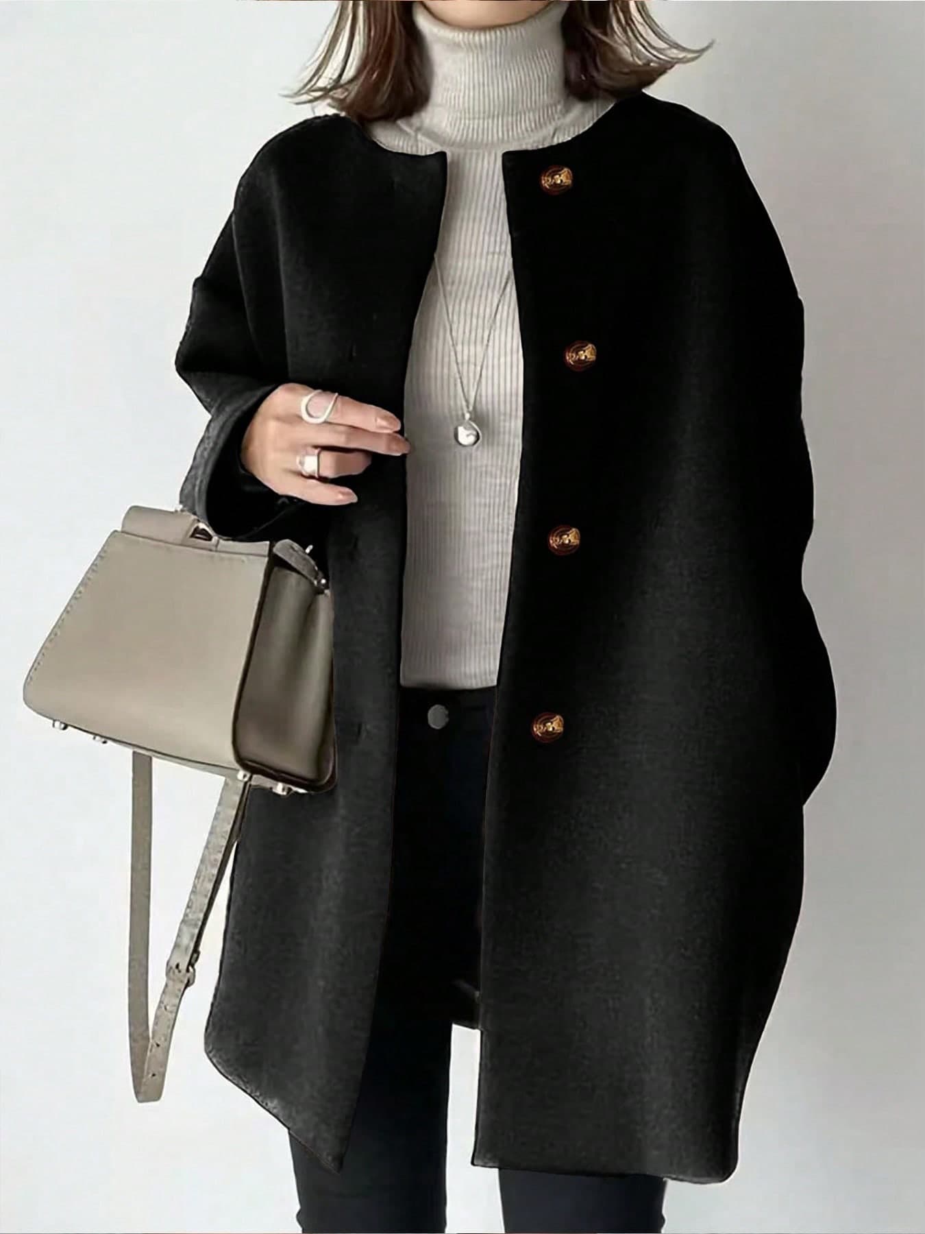 Plus Size Mid-Length Coat, Front Button Closure, Round Neck Long Sleeve, Solid Color Knitted Coat, Autumn/Winter Bestseller Black Spring