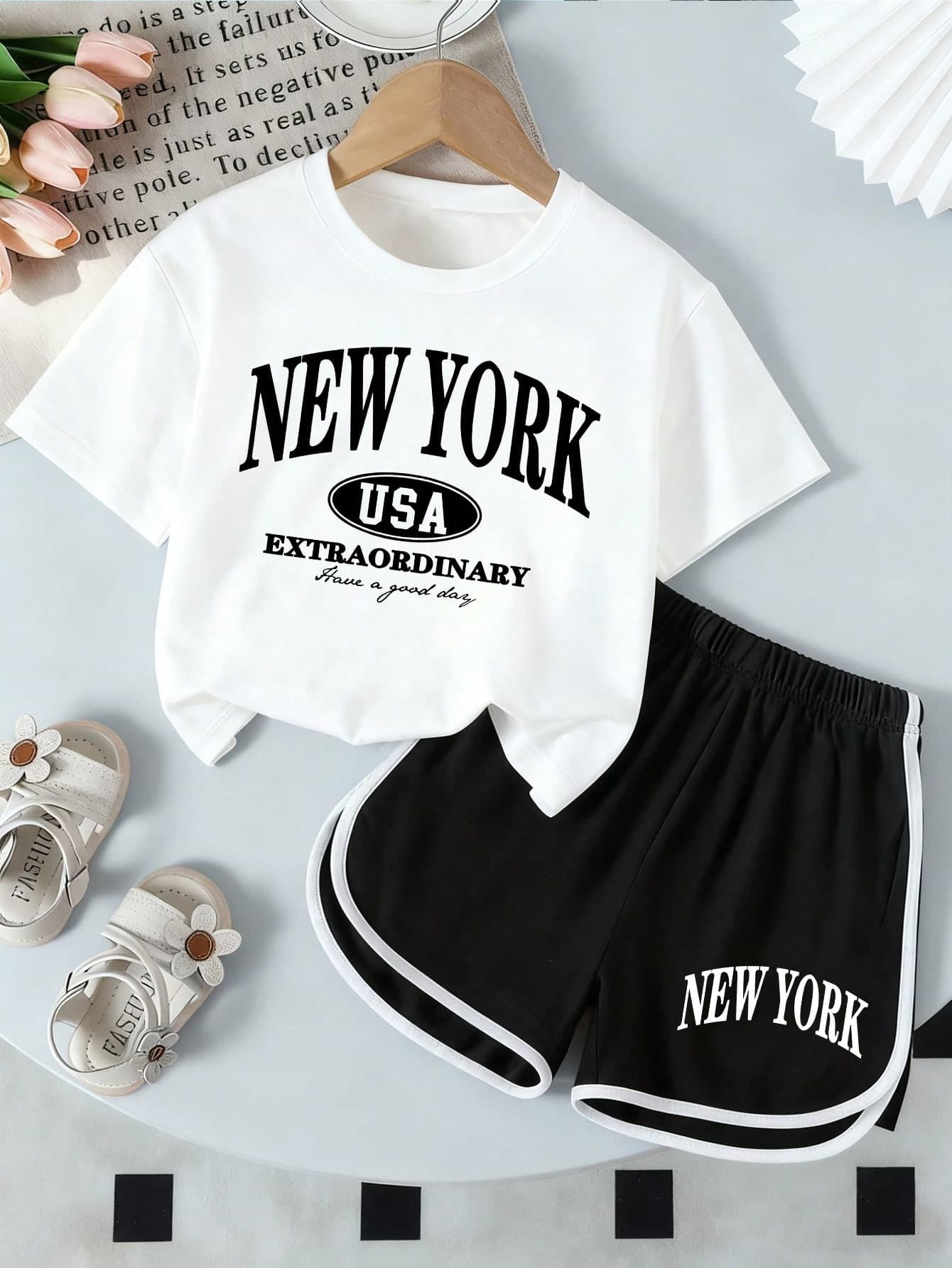 Young Girl Summer Casual Letter Print Short Sleeve T-Shirt And Shorts Set