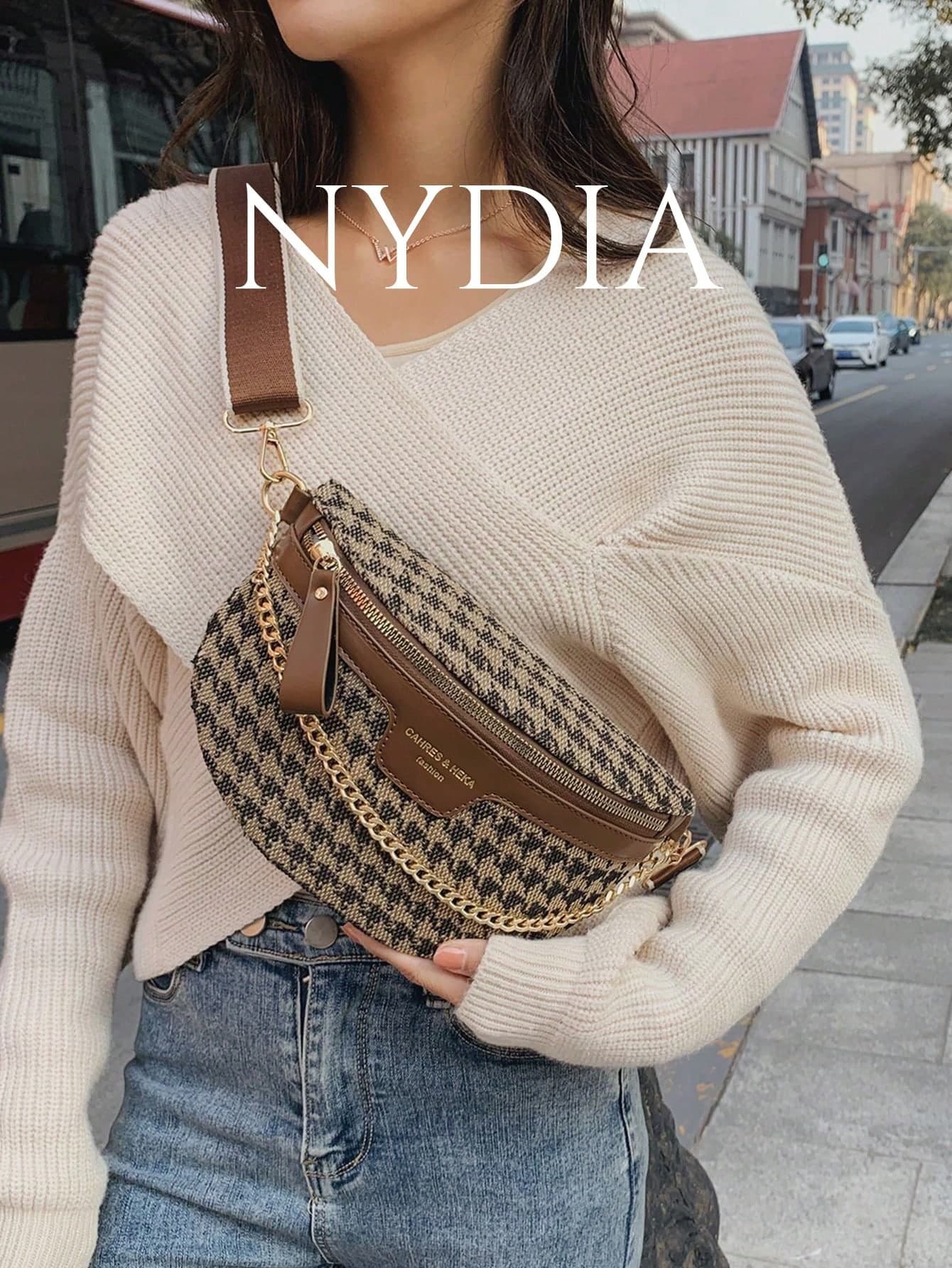 Y2K Vintage Chain Decor Millennium Style Houndstooth & Leopard Print Retro Shoulder Strap Waist Bag