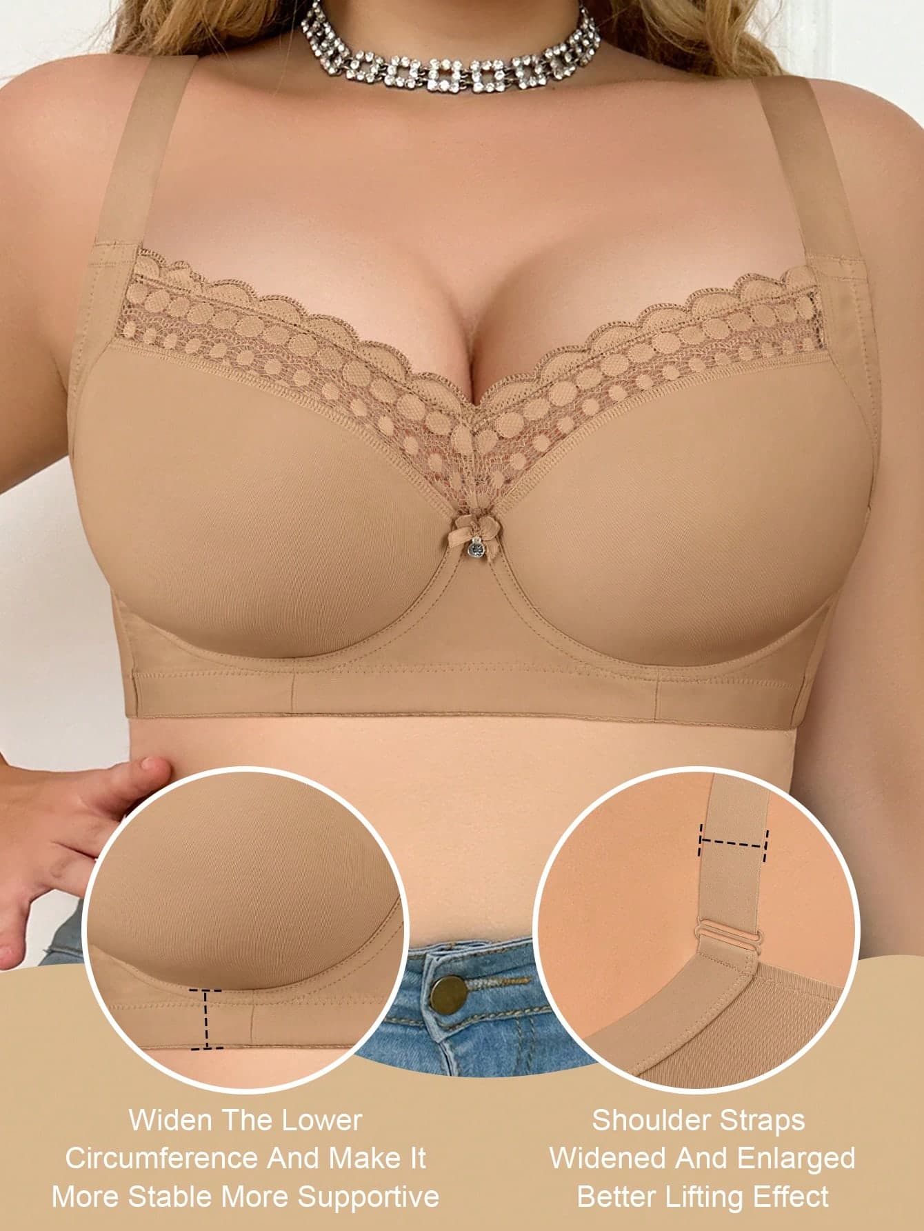 MIMILEMON Plus Size Women's Underwire Bra - Wide Straps, Lift & Side Support, Lace Trim & Bow Details, Comfortable Full Coverage, Suitable For Everyday Wear