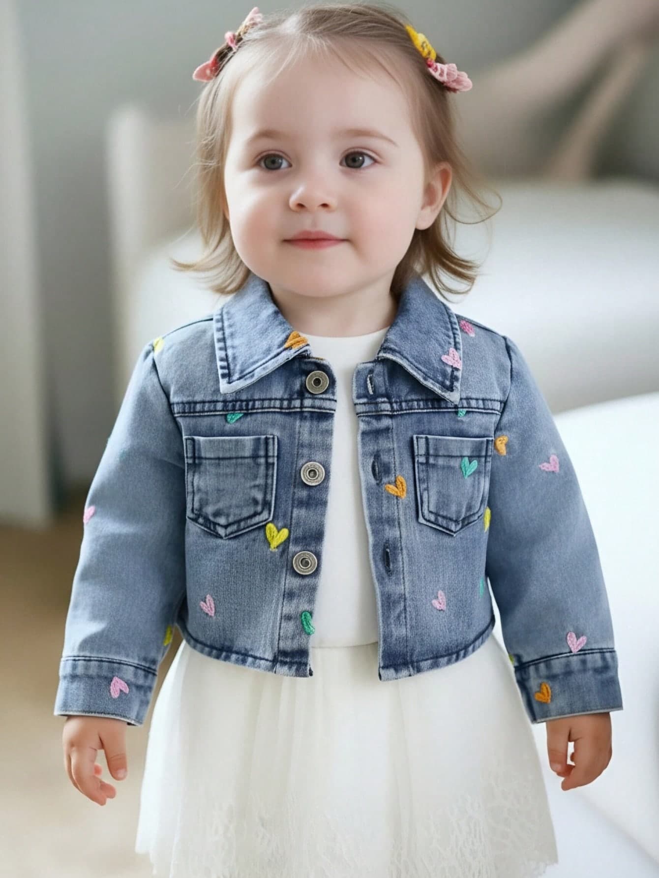 Baby Girls 6M-3T Denim Jacket, Asymmetric Colorful Heart Embroidery, Lapel Collar, Casual Cropped Cardigan, Light Blue, Daily Outdoor Photo