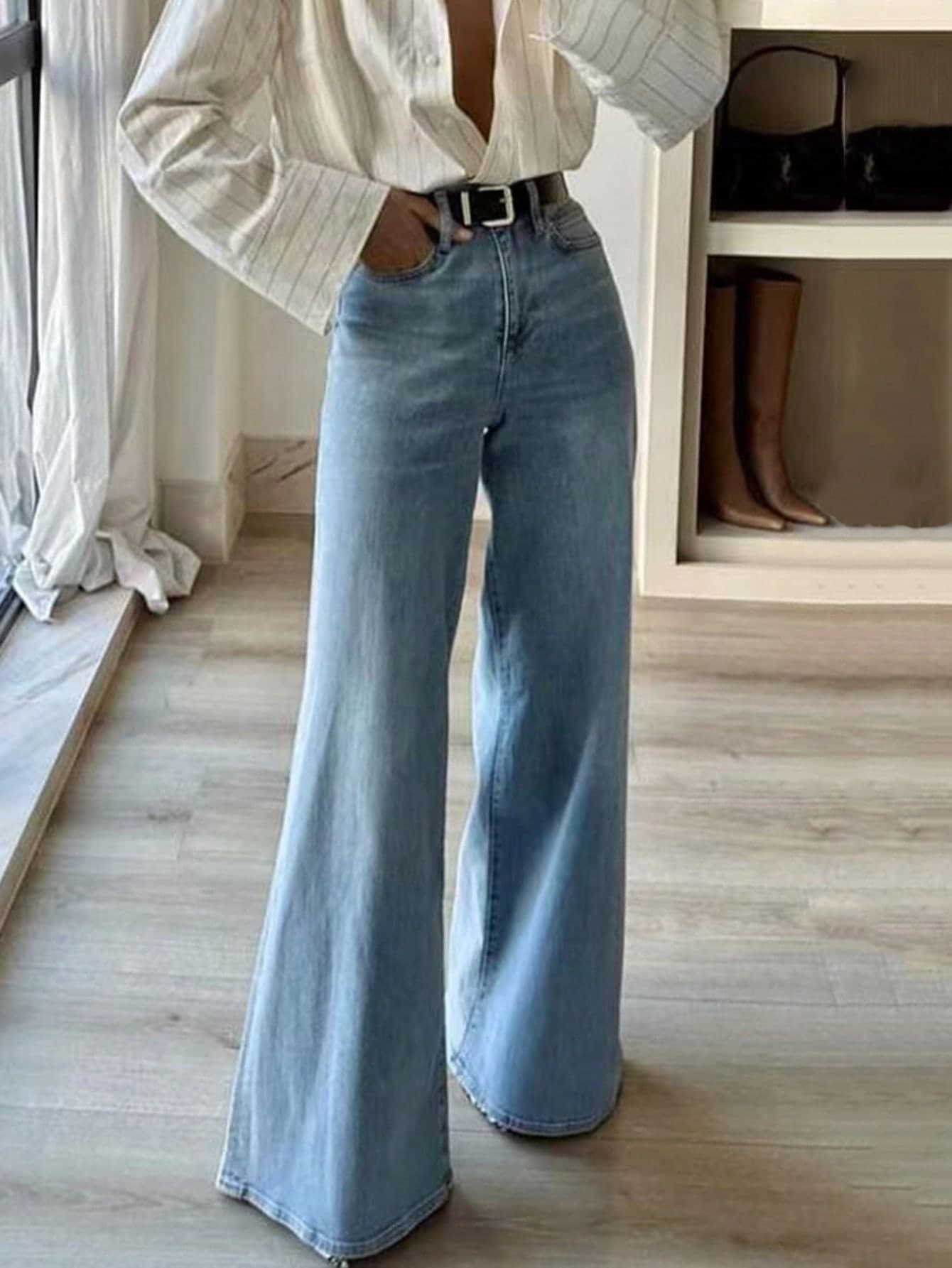 Fashionable Women's Denim Wide Leg Pants, Medium Stretch Long Pants, Button Fly, Perfect For Casual And Elegant Looks