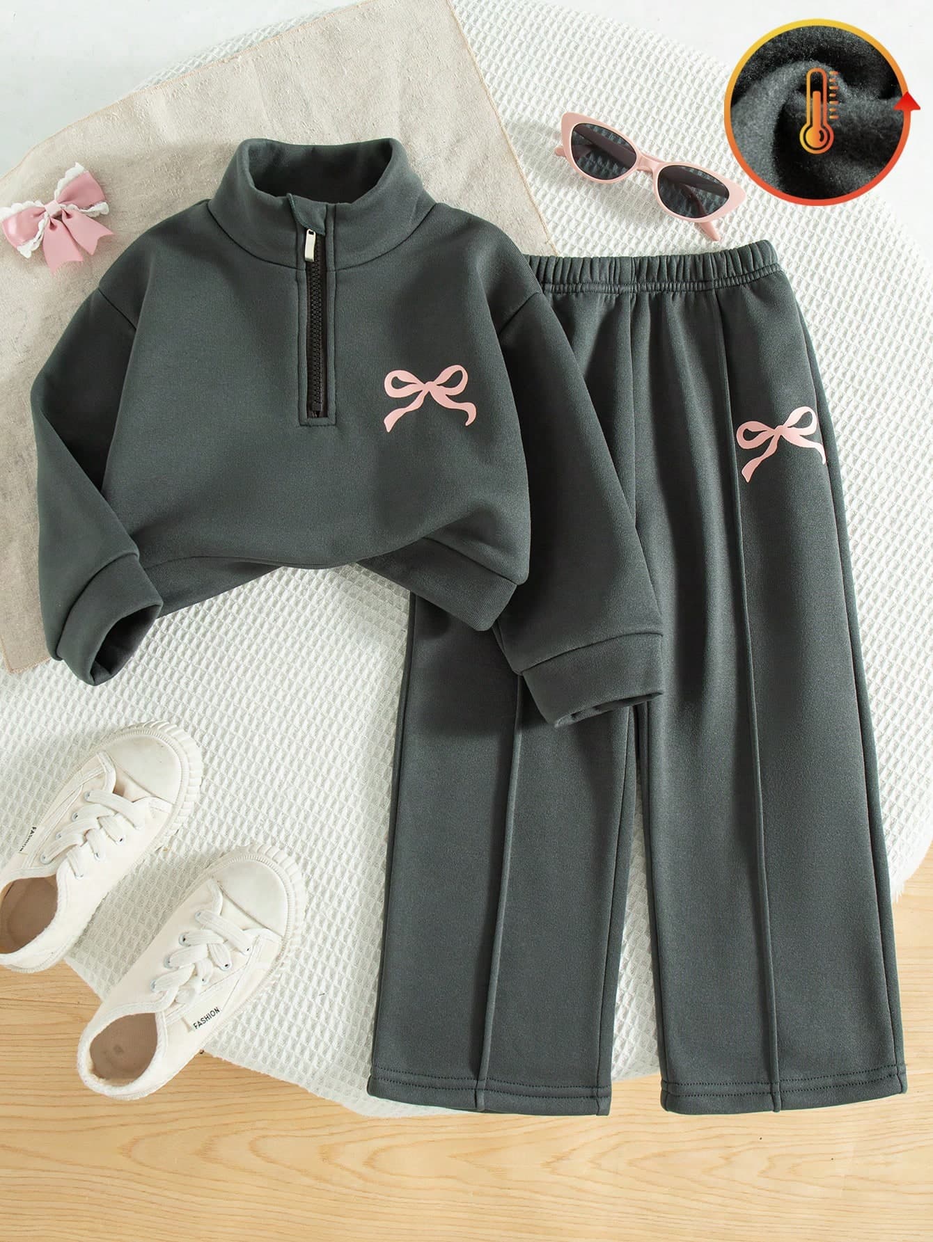 2pcs Young Girls Casual Bow Print Drop Shoulder Crew Neck Long Sleeve Sweatshirt And Pants Set, Thermal Lined Hoodie And Trousers Outfit, Autumn/Winter
