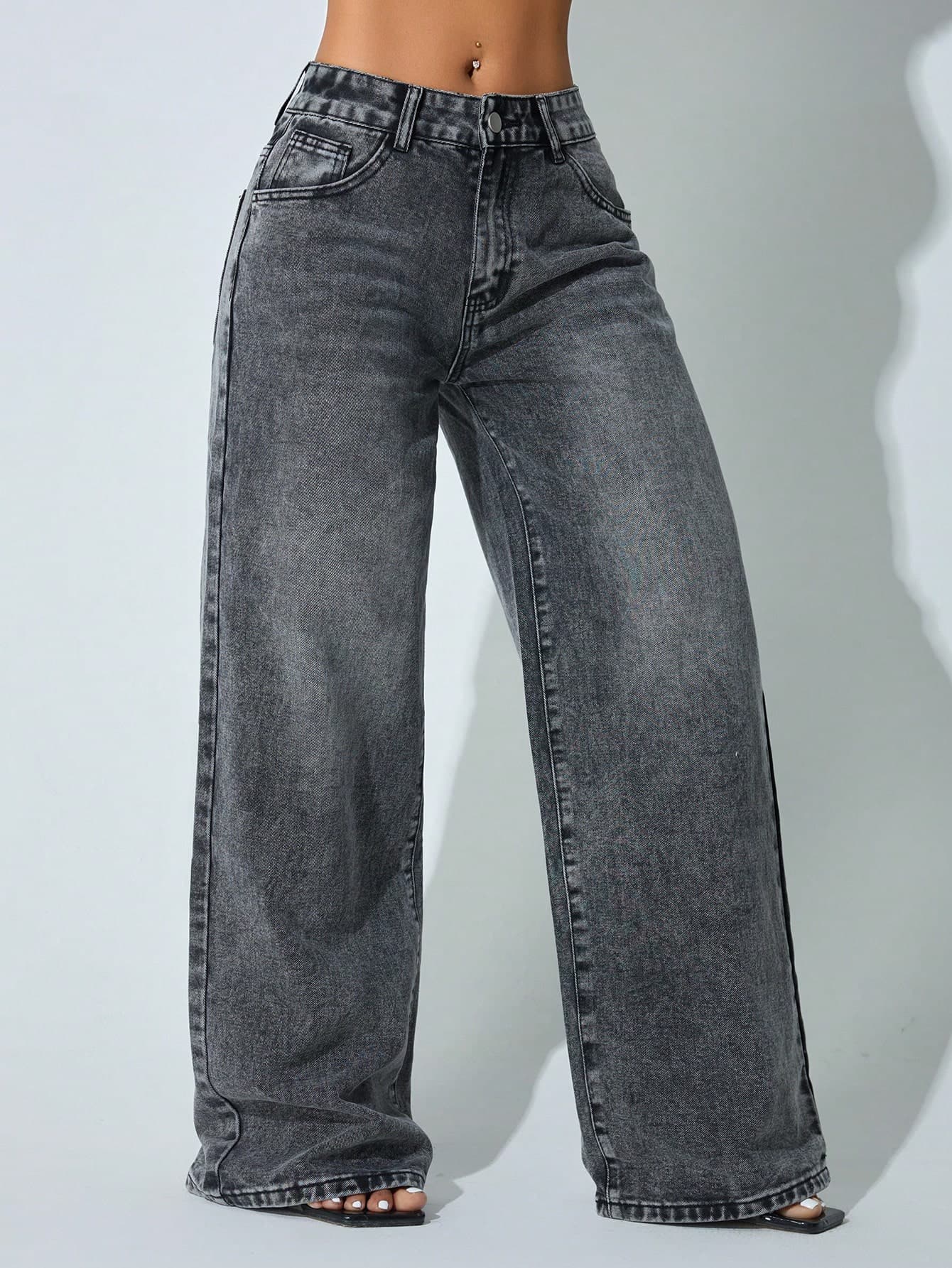 Low-Waist Wide-Leg Casual Blue Jeans With Slant Pockets, Autumn Clothing For Women Spring Black