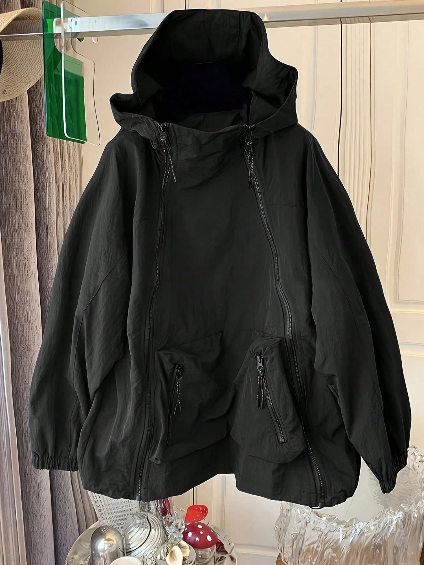 Plus Size Black Woven Fabric Hooded Cape Coat With Drawstring And Pockets, Regular Sleeve Long Sleeve Fall Outerwear Spring