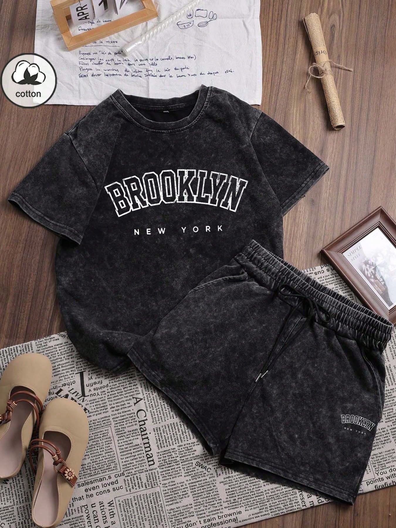ZZG Es Trus Cotton Summer Women's Casual Graphic Print "Brooklyn" Unique Personalized Streetwear, Korean Vintage Chic Commuter Y2K Style, Black Fitted Distressed Round Neck Short Sleeve T-Shirt + Shorts Set Elegant