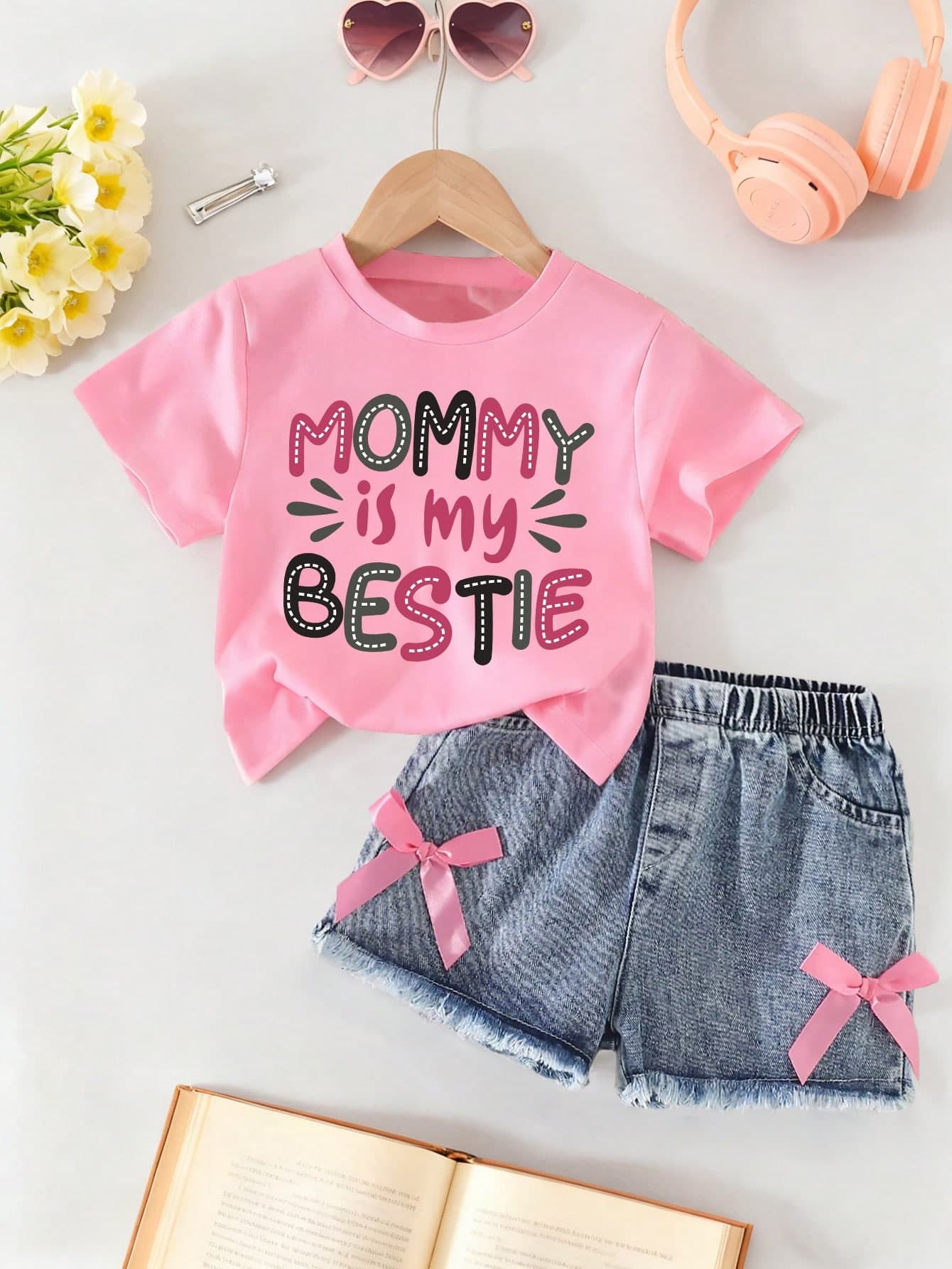 Toddler Girls' Letter Print Short Sleeve Top And Denim Shorts Set