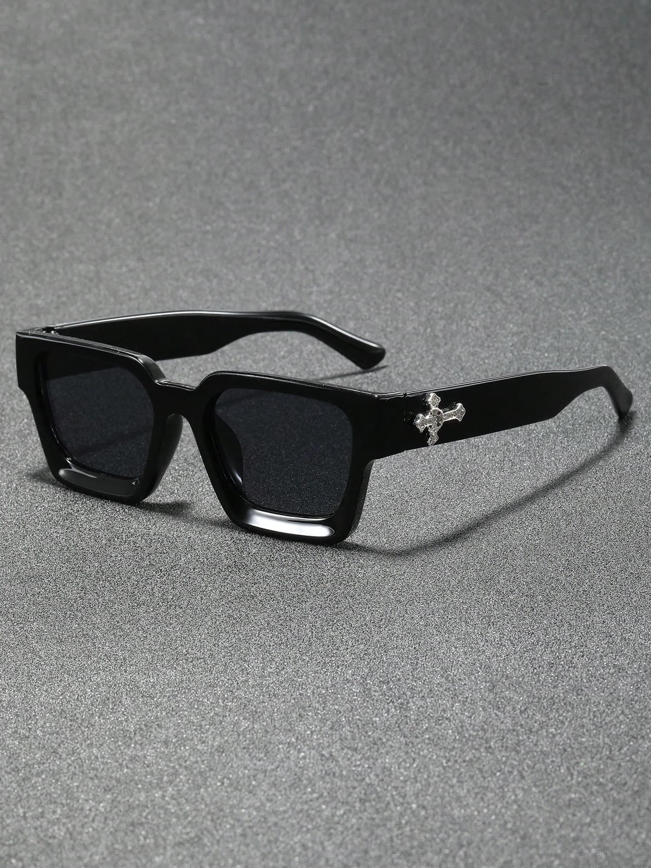 1 Pair Men's Black Plastic Classic Square Full-Rim Handmade Cross Decor Luxury Rhinestone Elegant Aesthetic Basic Fashion Glasses, Suitable For Daily Life, Driving, Party, Vacation, Dating, Bar, Outing, Cycling, Party Accessories