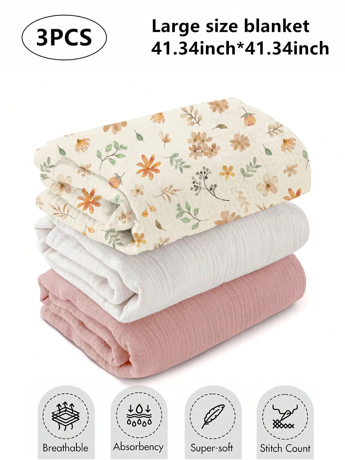 3pcs Newborn Muslim Style Swaddle Blankets, 100% Cotton Breathable Soft Receiving Blankets, Large Size 41.34 X 41.34 Inches Swaddle Wrap For Clothing, Diaper Change, Essential For Baby Boys And Girls, Infant Bath Supplies, Toddler Gift