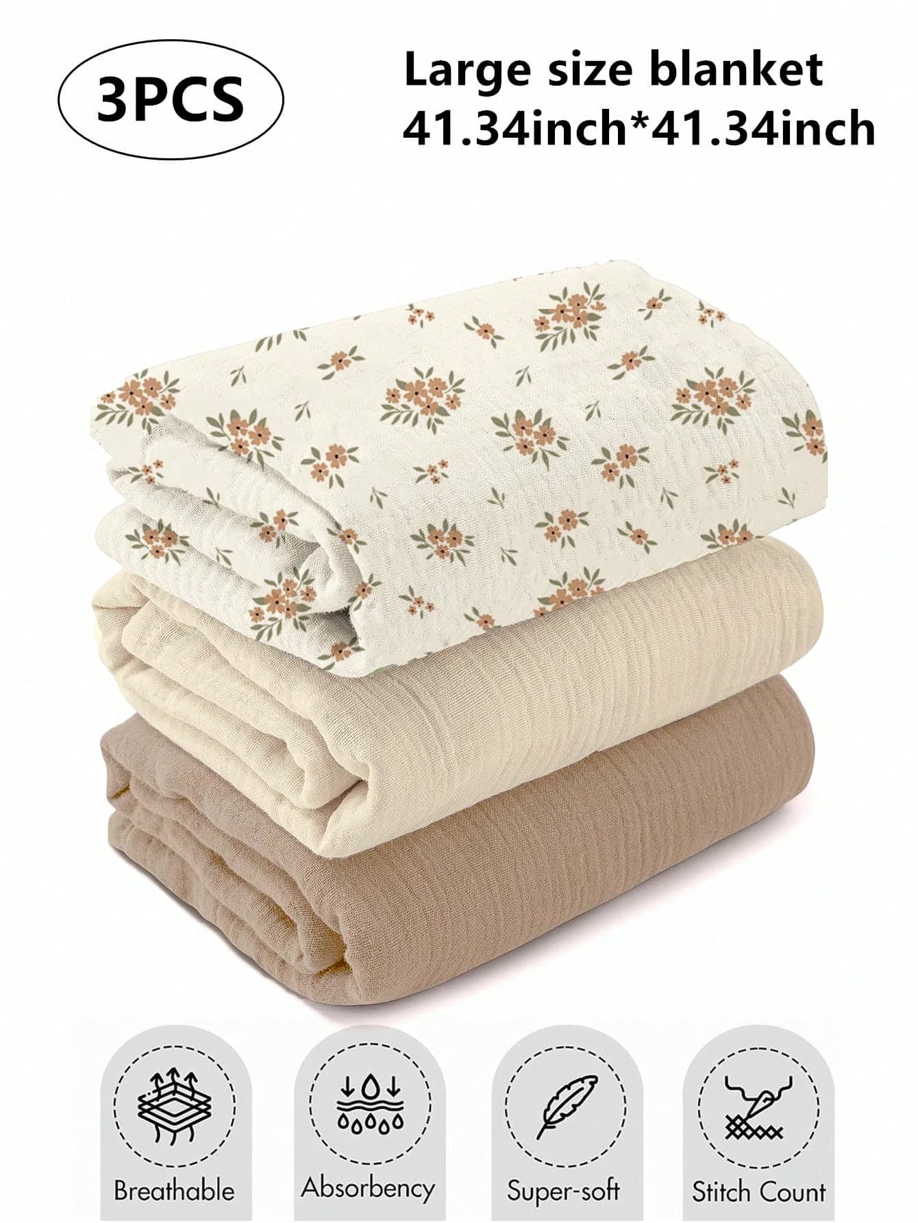 3pcs Newborn Muslim Style Swaddle Blankets, 100% Cotton Breathable Soft Receiving Blankets, Large Size 41.34 X 41.34 Inches Swaddle Wrap For Clothing, Diaper Change, Essential For Baby Boys And Girls, Infant Bath Supplies, Toddler Gift