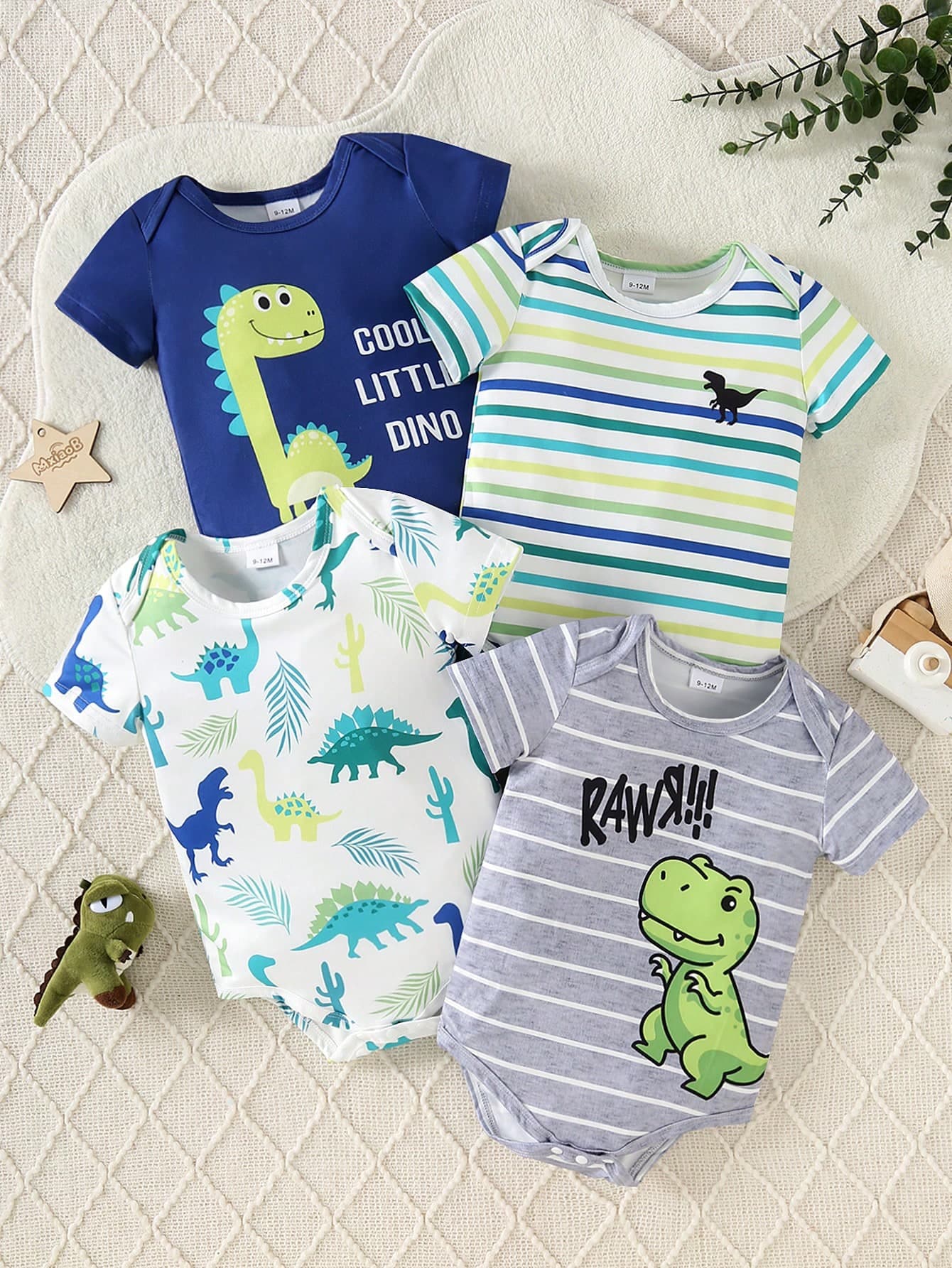 4pcs/Set Baby Boy Cartoon Dinosaur & Wild Animal Print Short Sleeve Romper Outfit, Summer